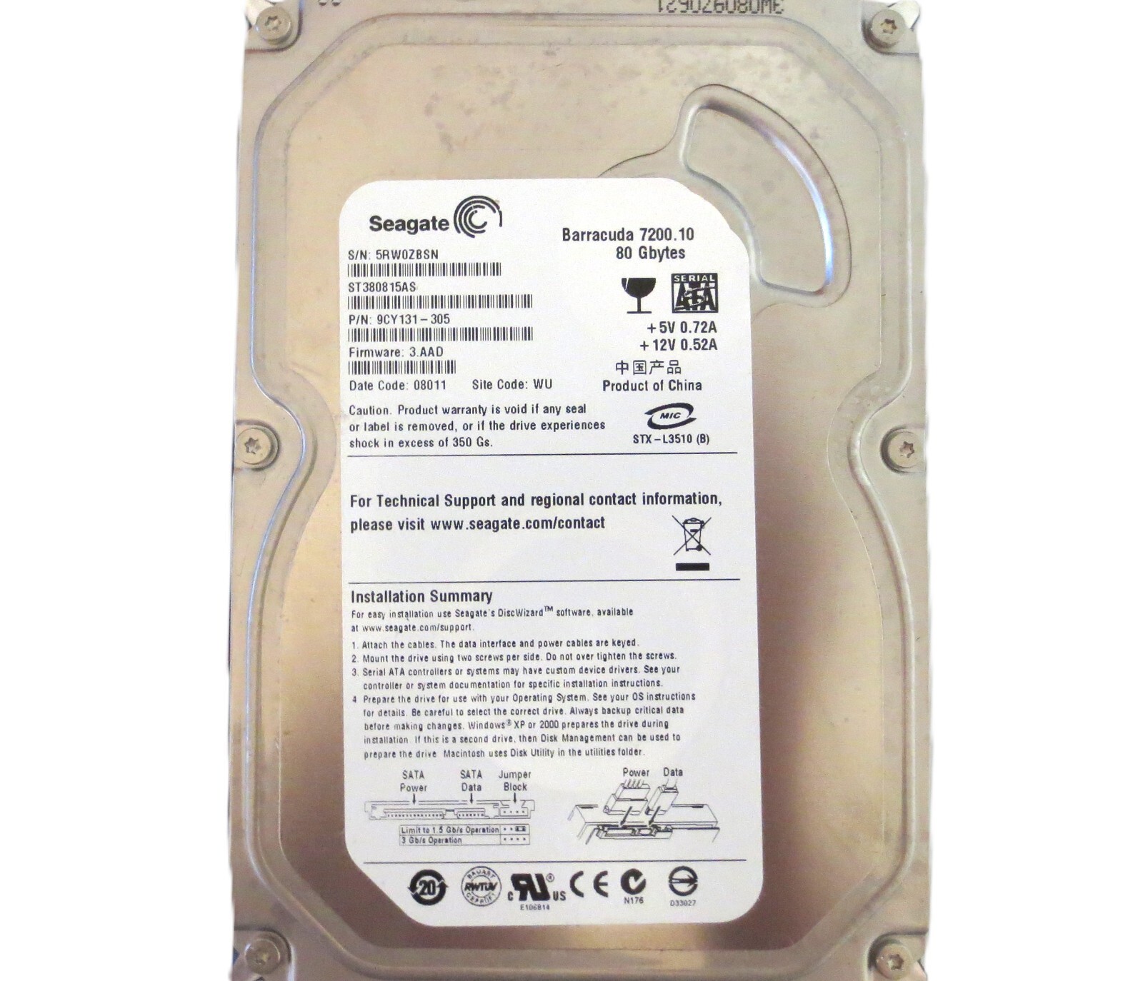 Seagate ST380815AS 9CY131-305 3.AAD WU (5RW) Chian 80gb 3.5" Sata HDD JUL/2007