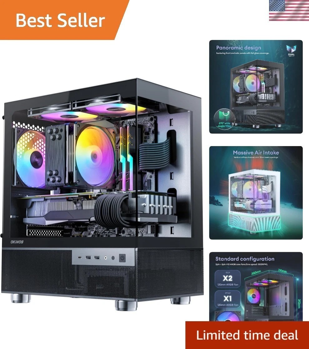 Aqua 3 Micro ATX Mini-Tower Case with 3 ARGB Fans & Panoramic Glass - Black