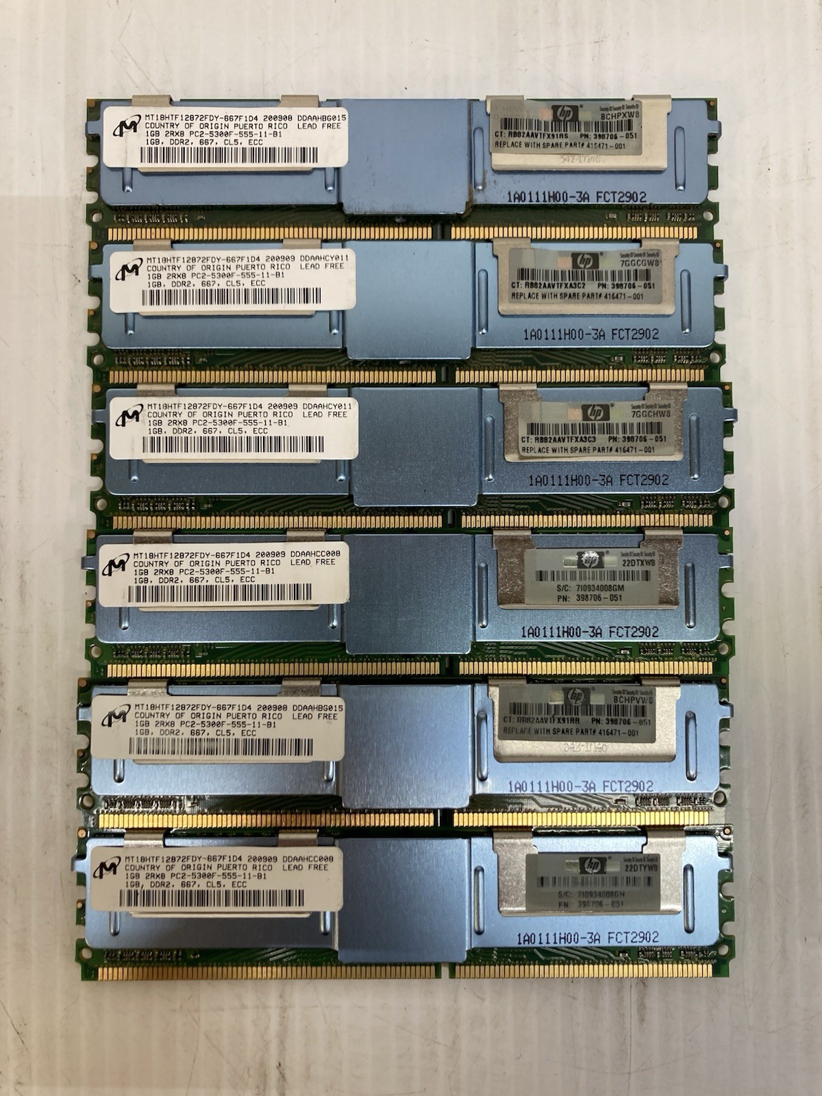 Lot of 6-1GB MICRON PC2-5300F 2Rx8 MT18HTF12872FDY-667F1D4 200909 DDAAHCC008 RAM
