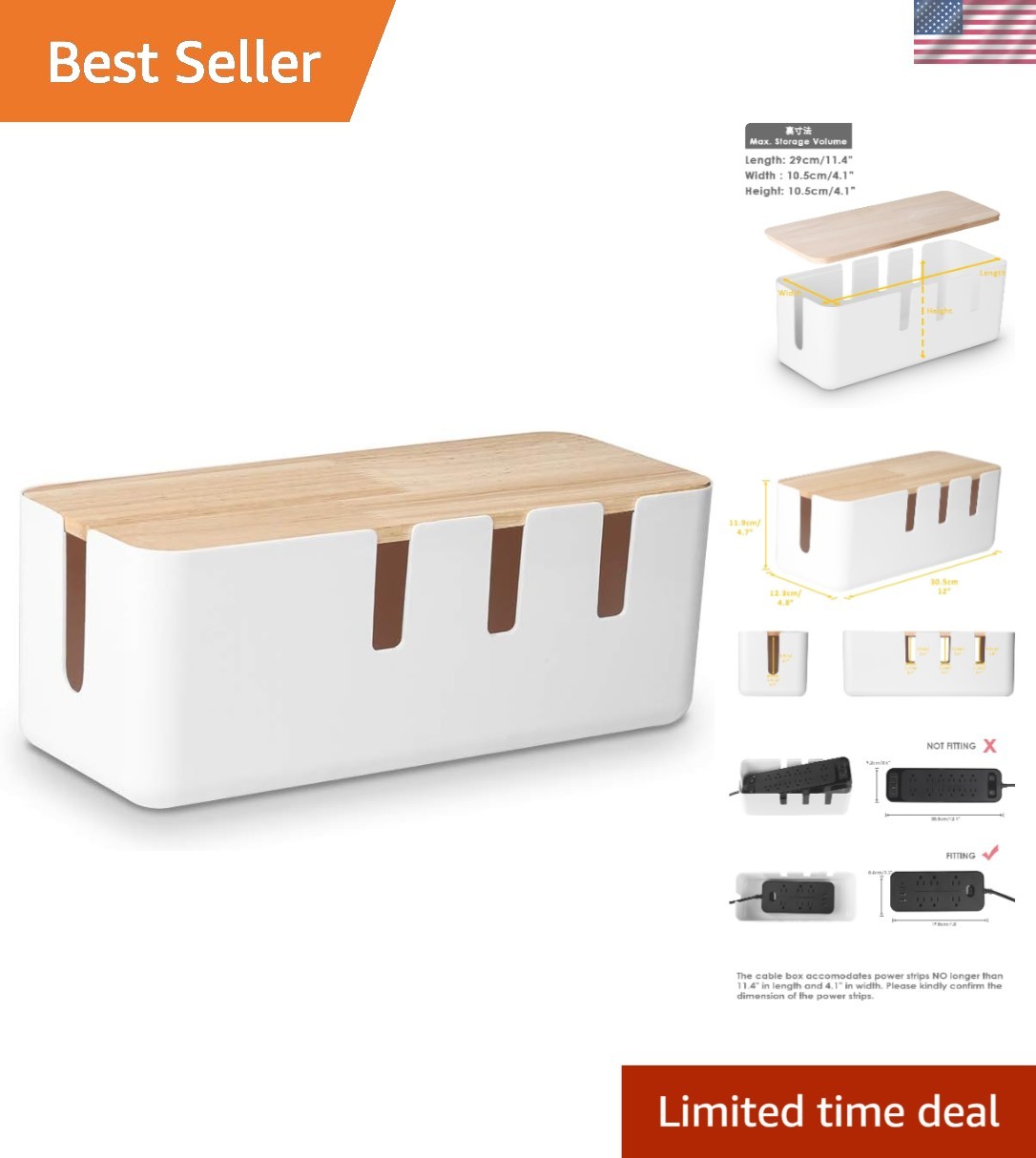 Elegant Cable Management Box - Wooden Organizer 12" x 5" x 4.5" for Desk & TV
