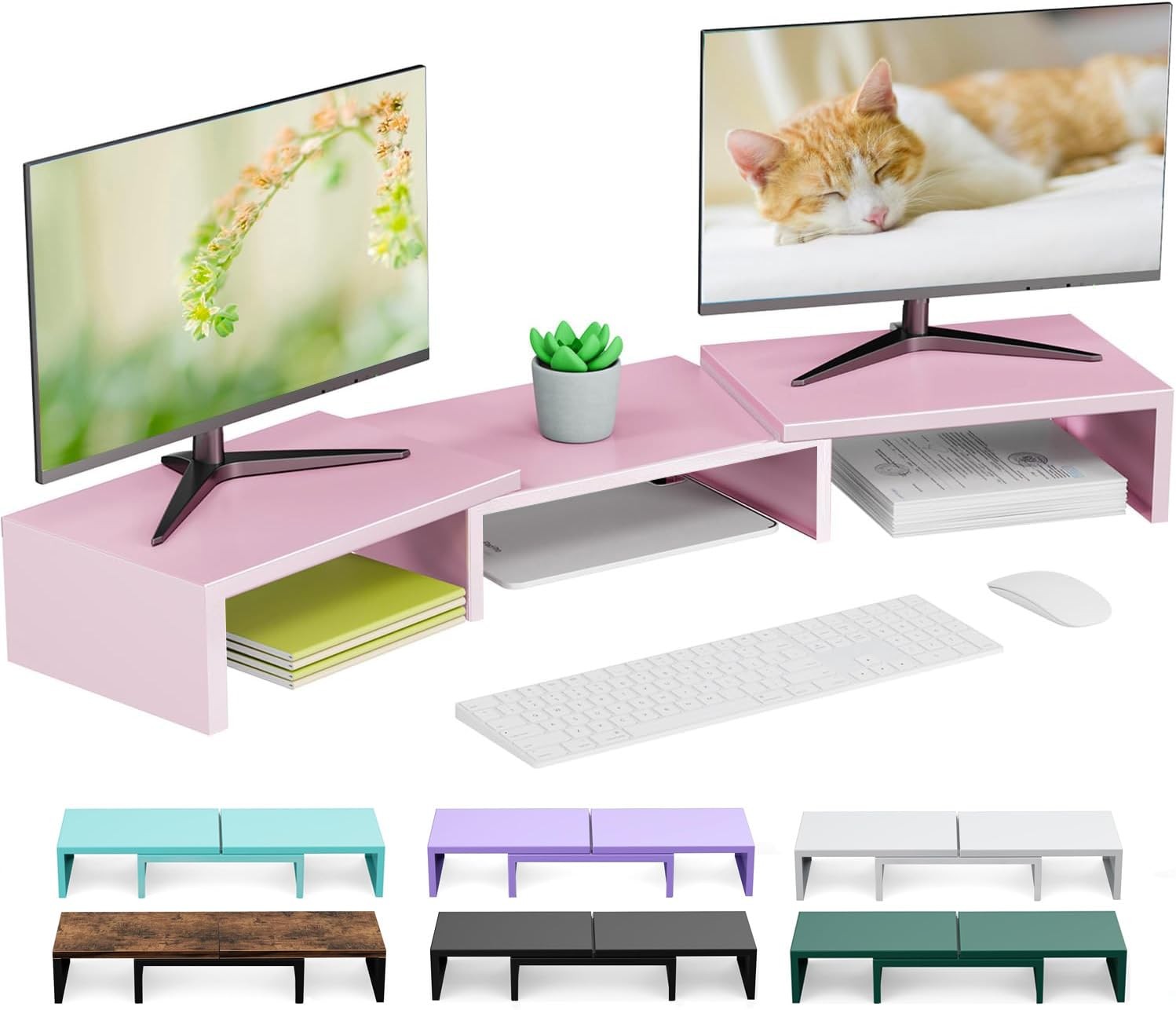 Pink Dual Monitor Stand Riser Metal Computer Desk Shelf Organizer Desktop Use
