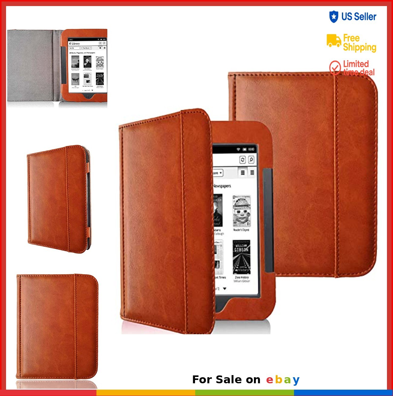 Folio Case for Nook Simple Touch Glowlight 6 Inch PU Leather Brown