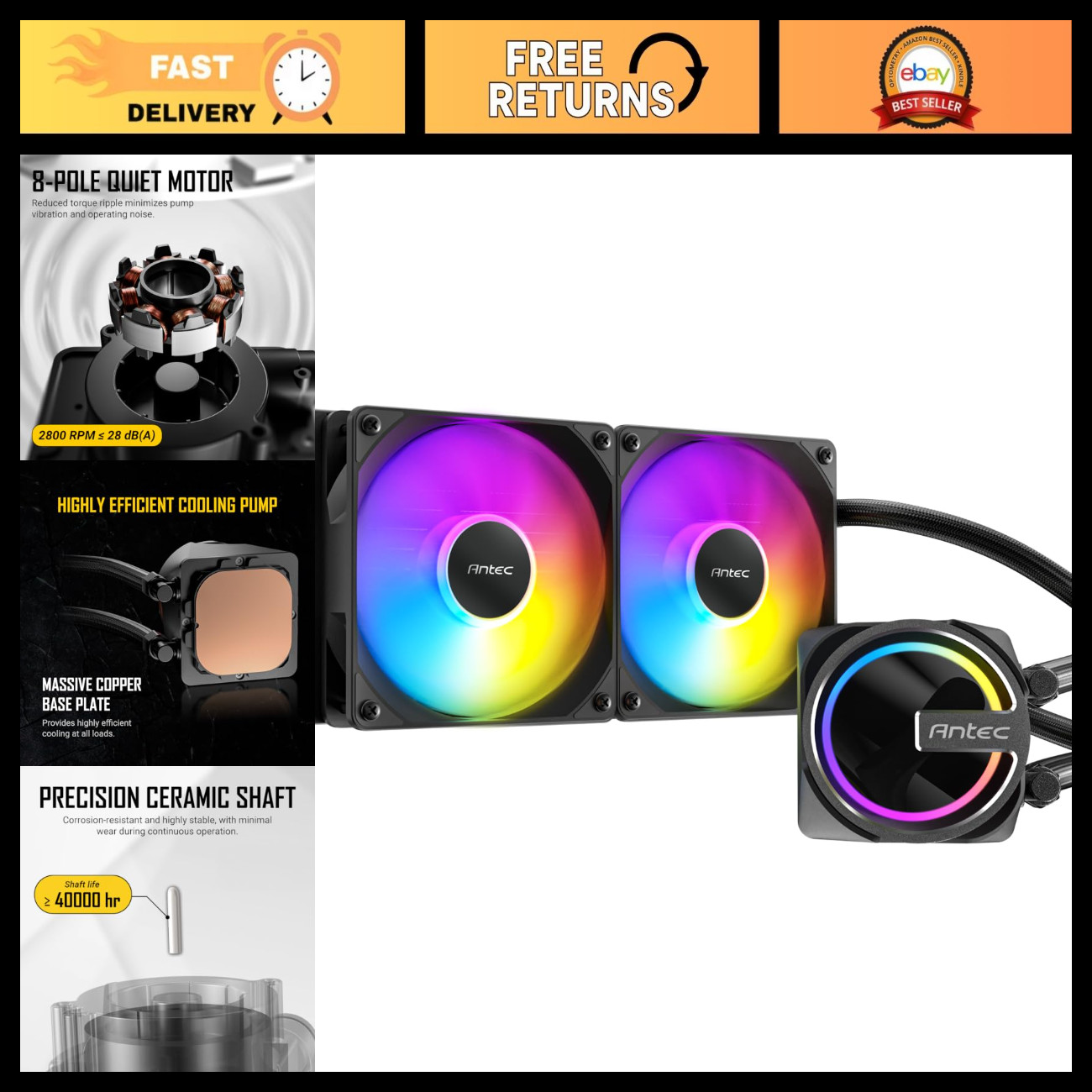 240mm ARGB AIO Liquid CPU Cooler - High Performance, Black, Efficient Cooling So