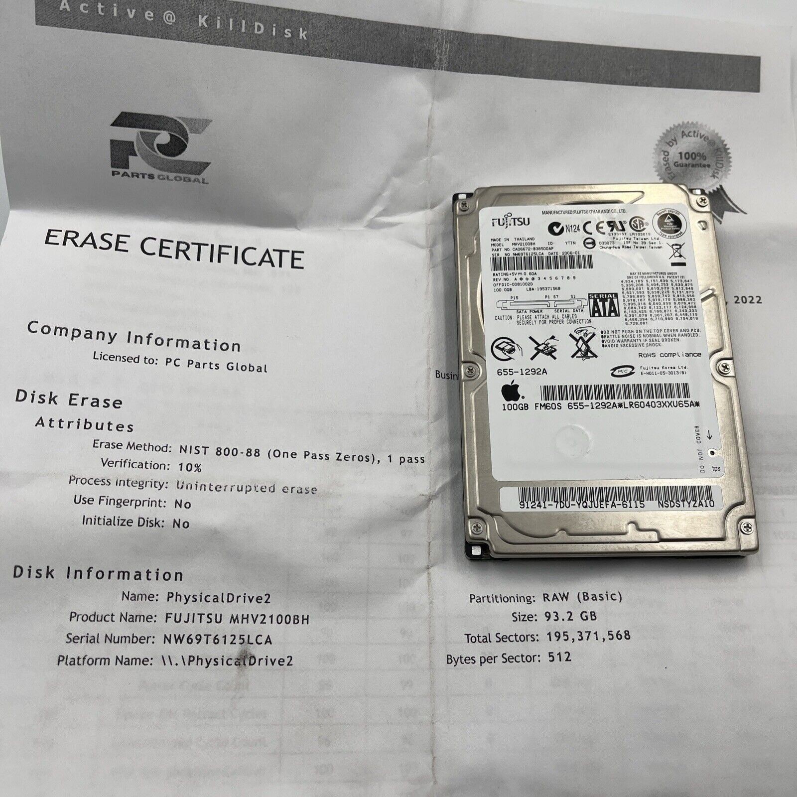 Fujitsu MHW2100BH 100GB Sata Hard Drive P/N: CA06820-B040 F/W: 00000012