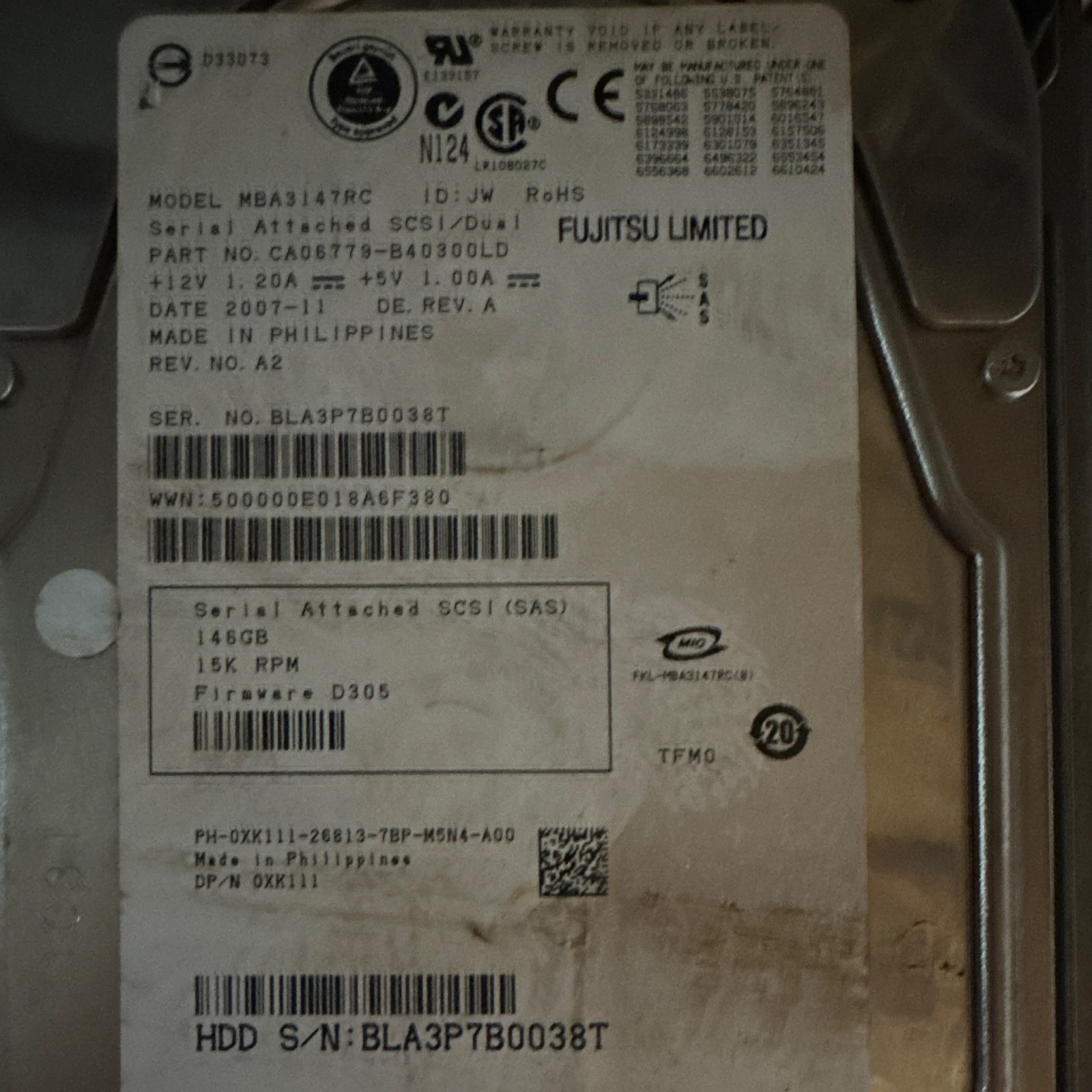Fujitsu MBA3147RC 146GB 15K RPM SAS HDD CA06779-B40300LD