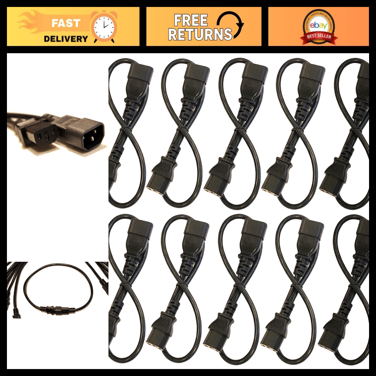 10 Pack 2ft IEC 320 C13 C14 Power Cords, 10A 18AWG AC PDU to CPU Cables