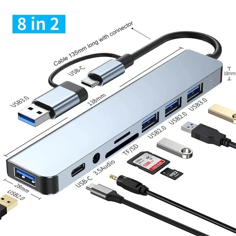8-in-2 USB C Hub Adapter, USB 3.0/2.0, SD TF Card Reader, Multiport Docking Stat