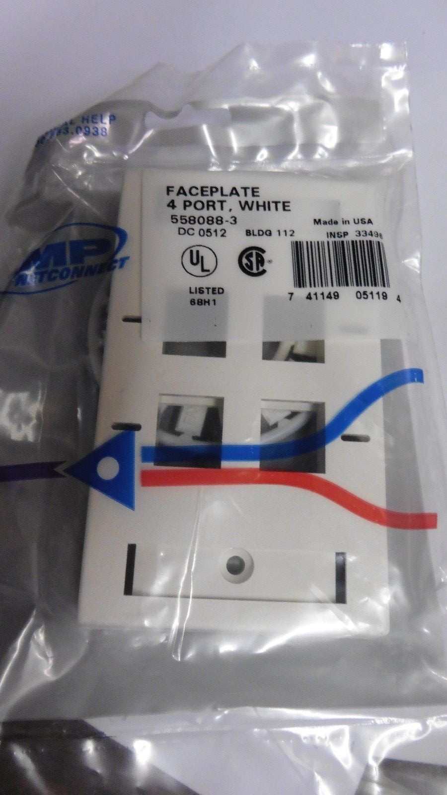  1 - NEW 4 PORT AMP NETCONNECT FACEPLATE LOW PROFILE, WHITE PART NO 569086-3 