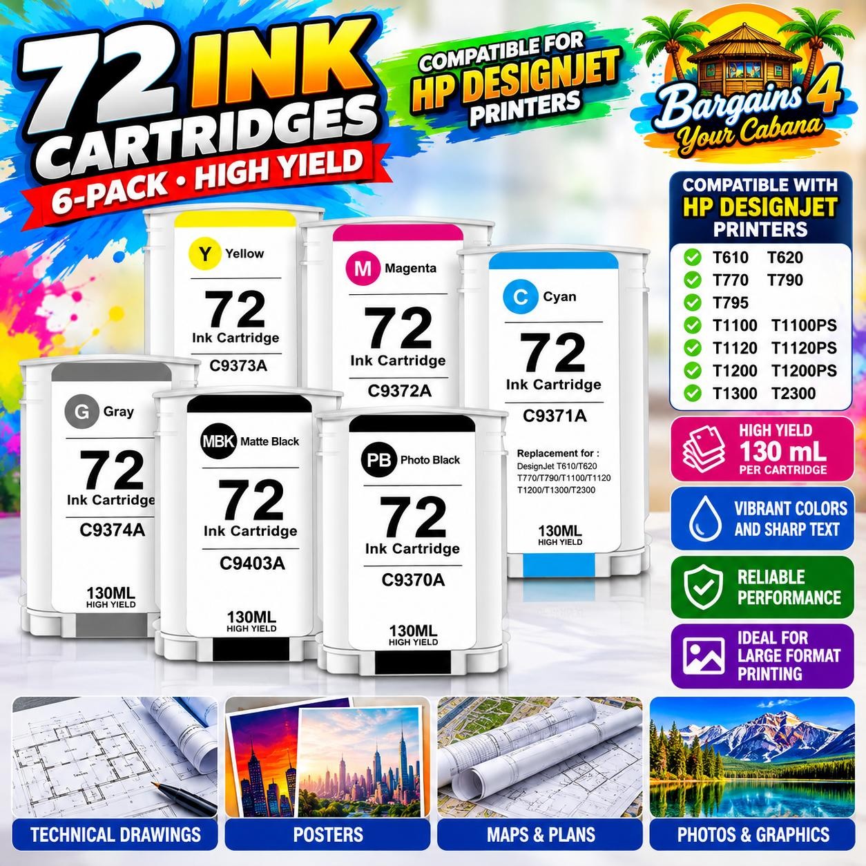 72 Ink Cartridges 6-Pack for HP DesignJet T610 T620 T770 T790 T1100 130mL