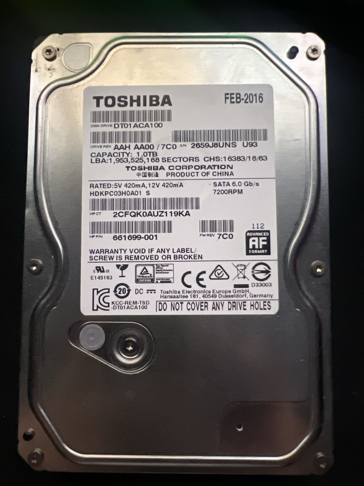 Toshiba 1000GB Internal 7200RPM 3.5" (DT01ACA100) HDD