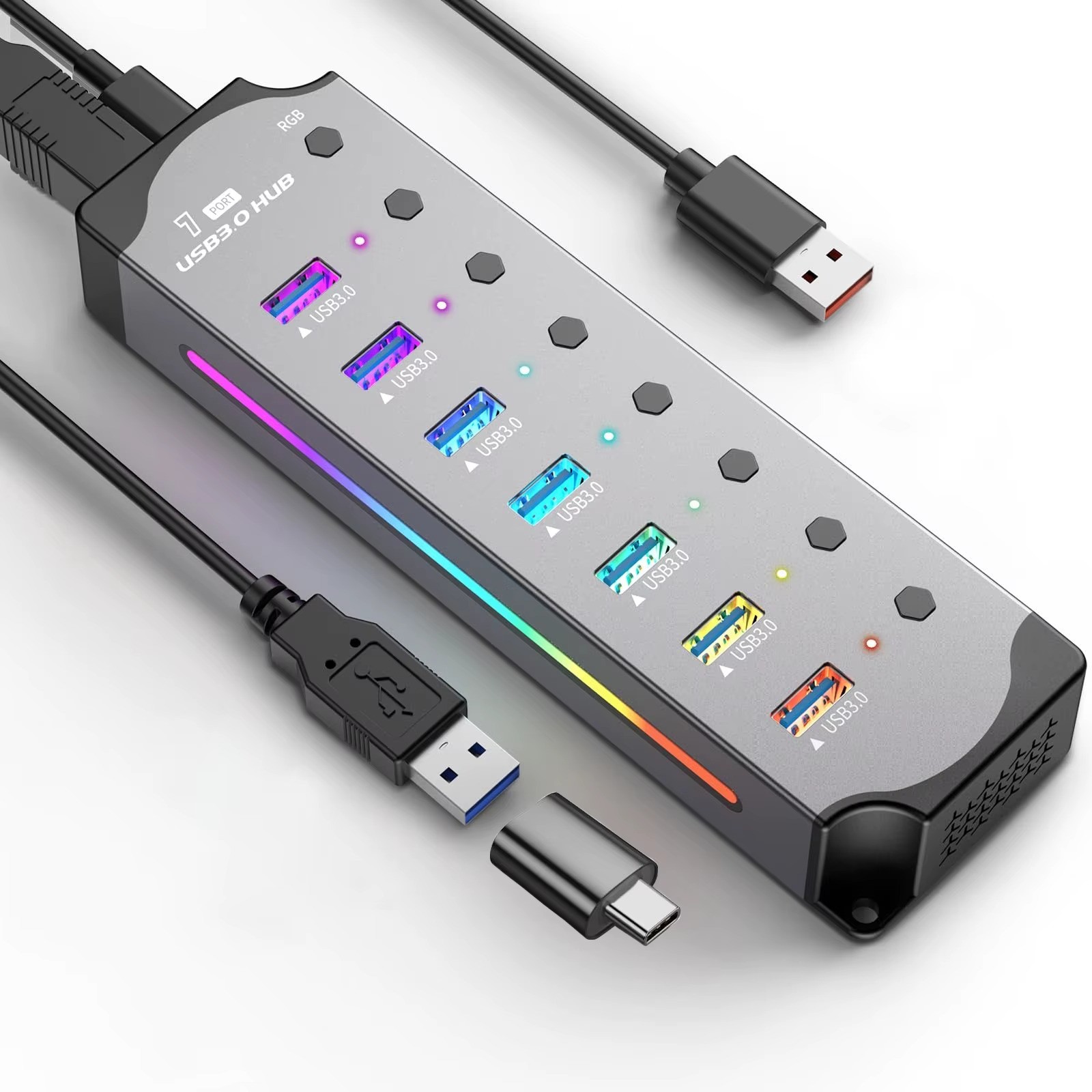 YUXI USB 3.0 Hub 7-Port RGB Aluminum with Individual Power Switches