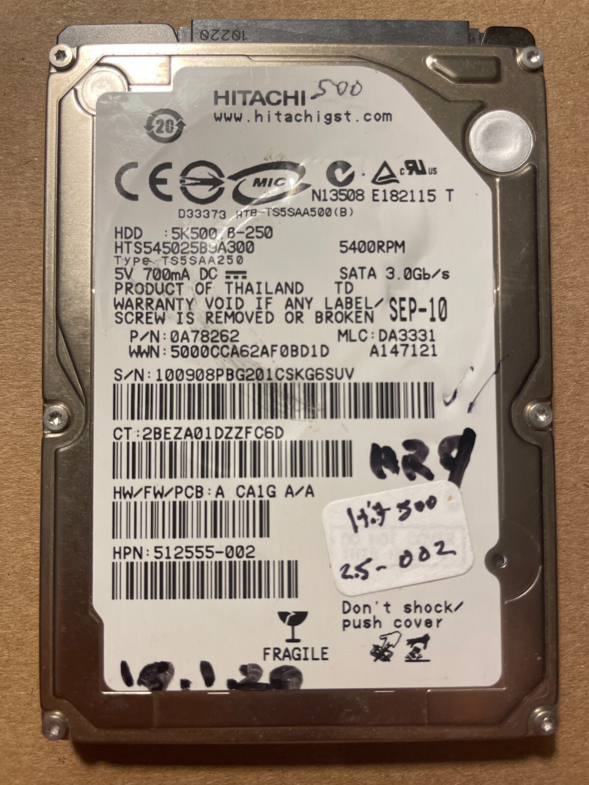 Hitachi 2.5 500G 5k500 B-500, HTS545025B9A300, DOM: SEP-10  -Tested Working
