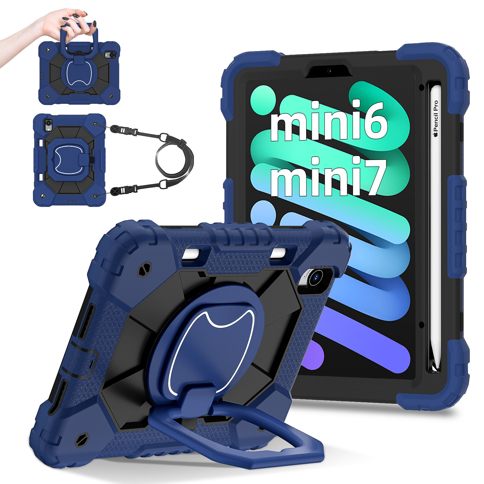 For iPad Mini 7 2024 / Mini 6 Kids Rotating Heavy Duty Stand Strap Case Cover