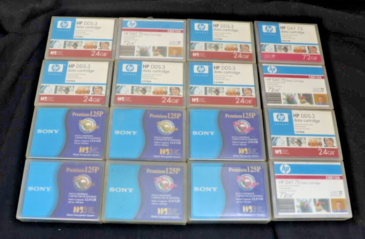 16 HP C5708A DDS-3 Data Cartridges & Sony 125P DGD Tapes, 12GB/24GB Backup Media