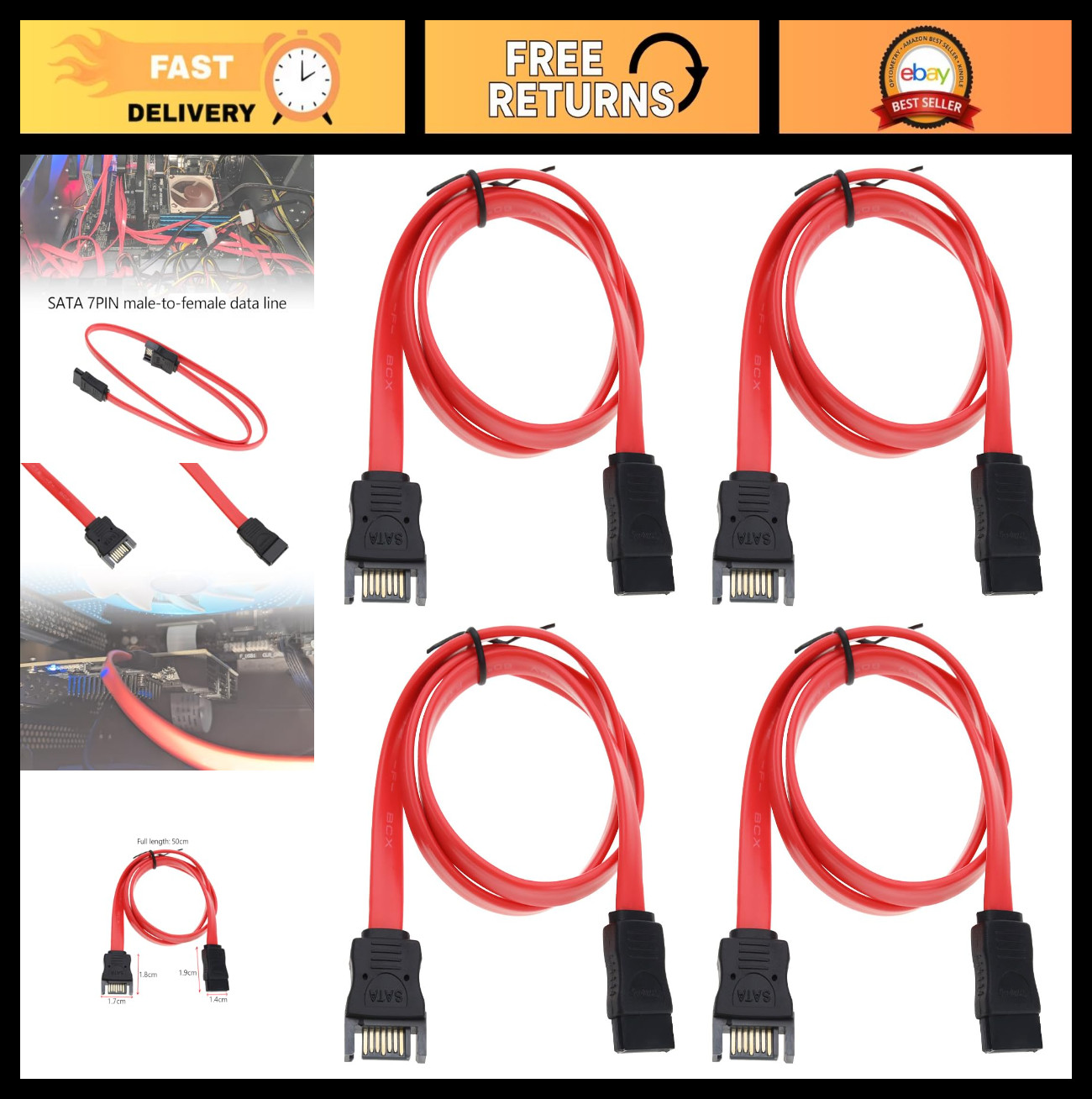 4pcs 50cm SATA Extension Cable - 7-pin Male to Female for Hard Drive Data Transf
