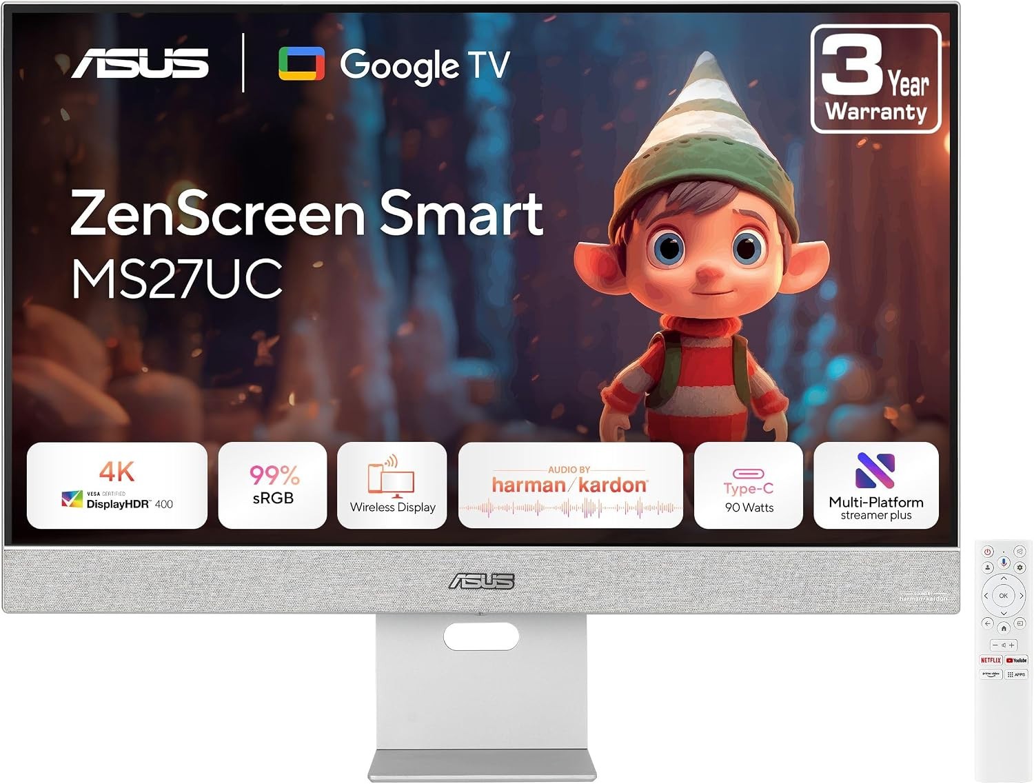 Asus ZenScreen Smart LED Monitor MS27UC 27" Class 4K UHD Silver Android 11