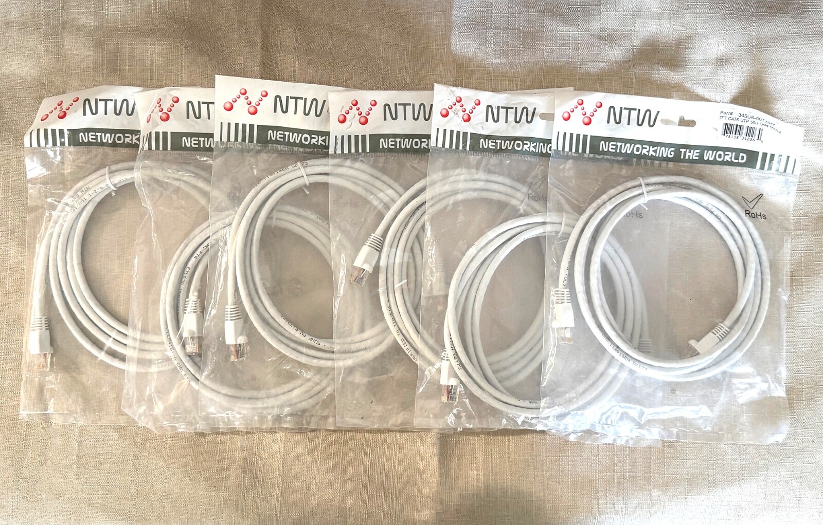 Lot of 6 NTW 7ft Cat6 Ethernet Cables White • UTP 50U Gold 568B.2 • 345U6-007WHT