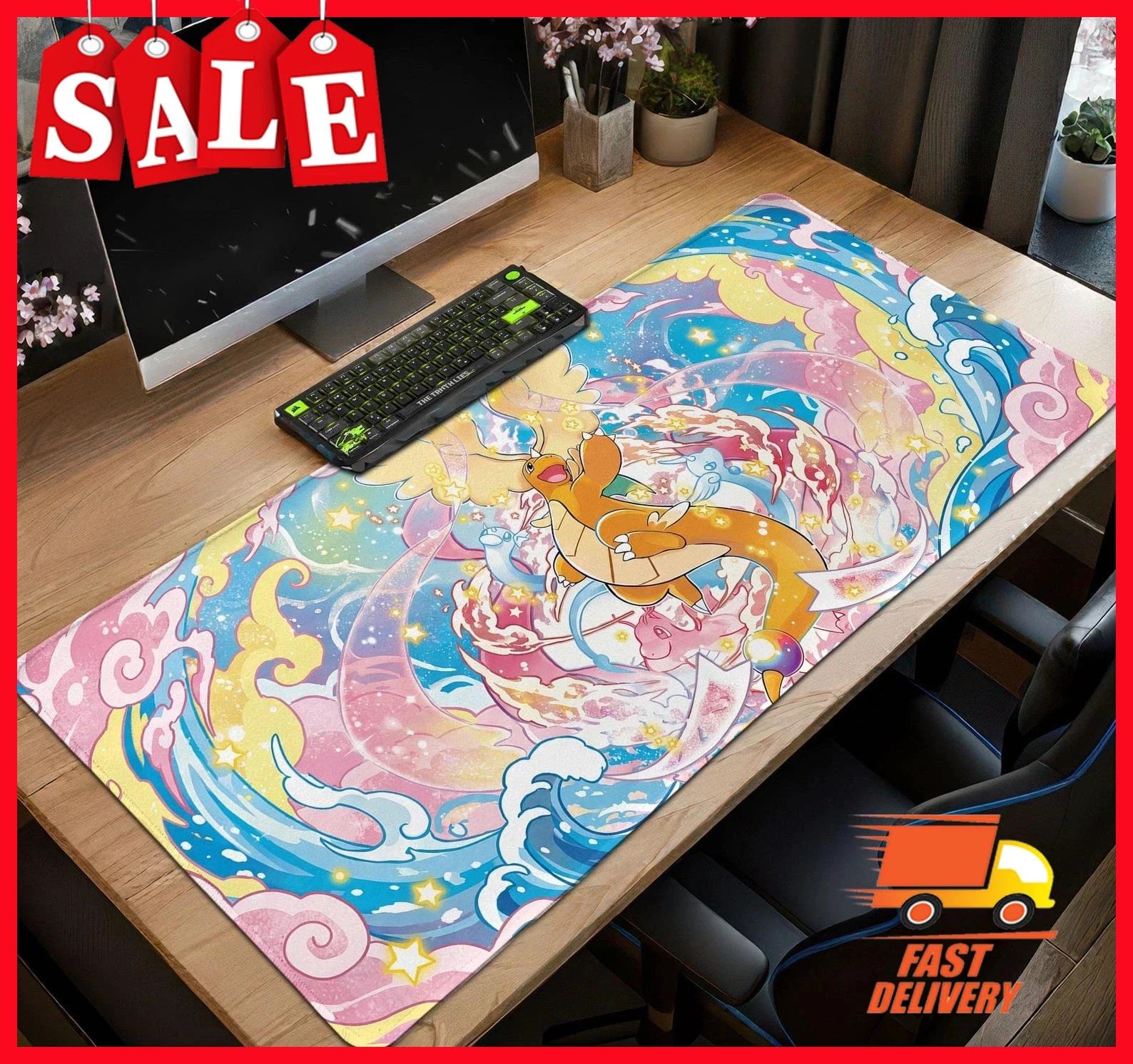 Dragonite Pastel Dream Mouse Pad, Cute Pokemon Gaming Mouse Pad Desk Accessories