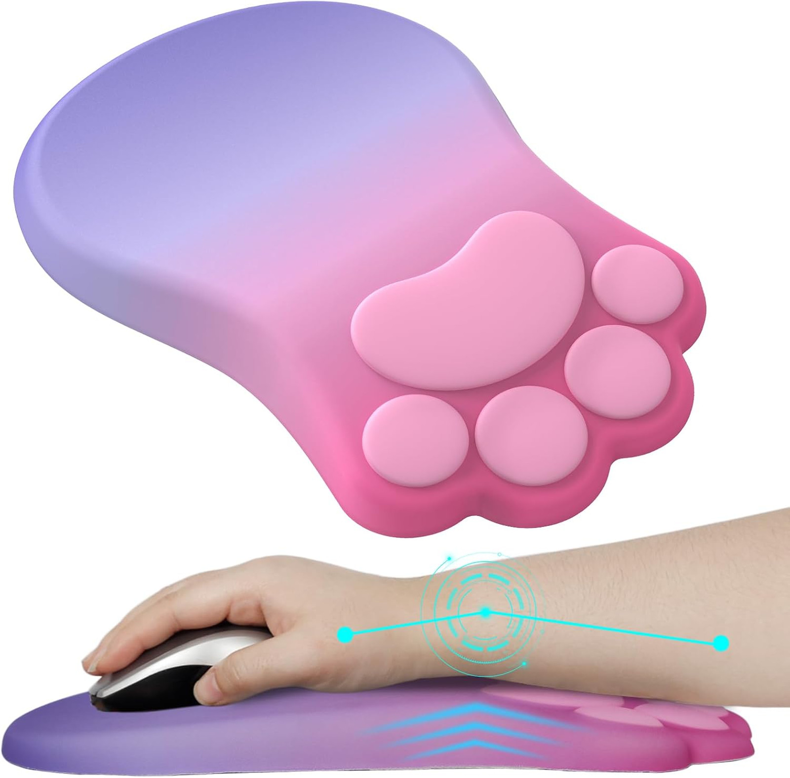 Ergonomic Mouse Pad with Wrist Rest, Pink Purple Cat Paw Support, 12x7.9 Inch