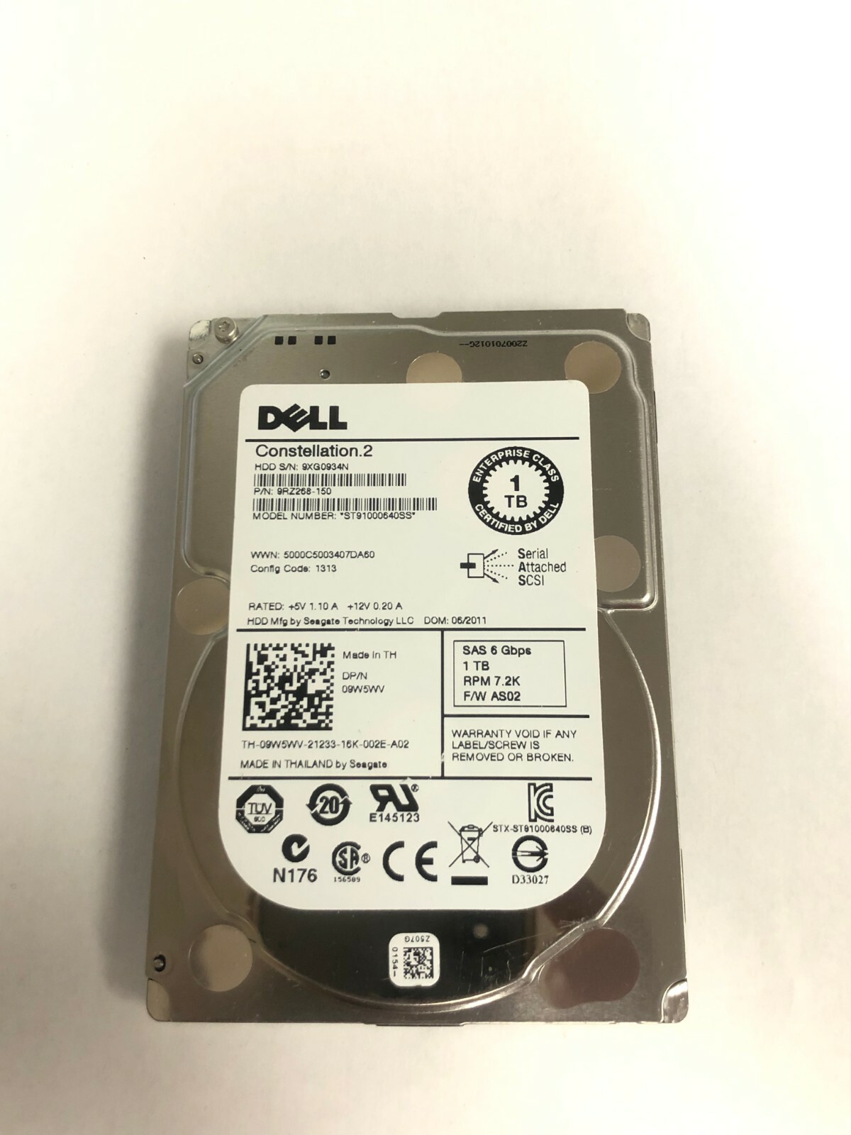 Dell 1TB 6G 7.2K 2.5" SAS 09W5WV 9W5WV ST91000640SS Hard Drive W/O TRAY