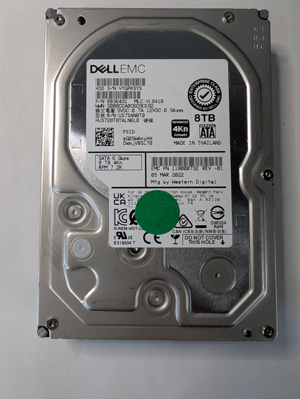 Dell EMC 8TB 3.5" SATA 7200RPM Hard Drive HDD HUS728T8TALN6L0 118000732-01