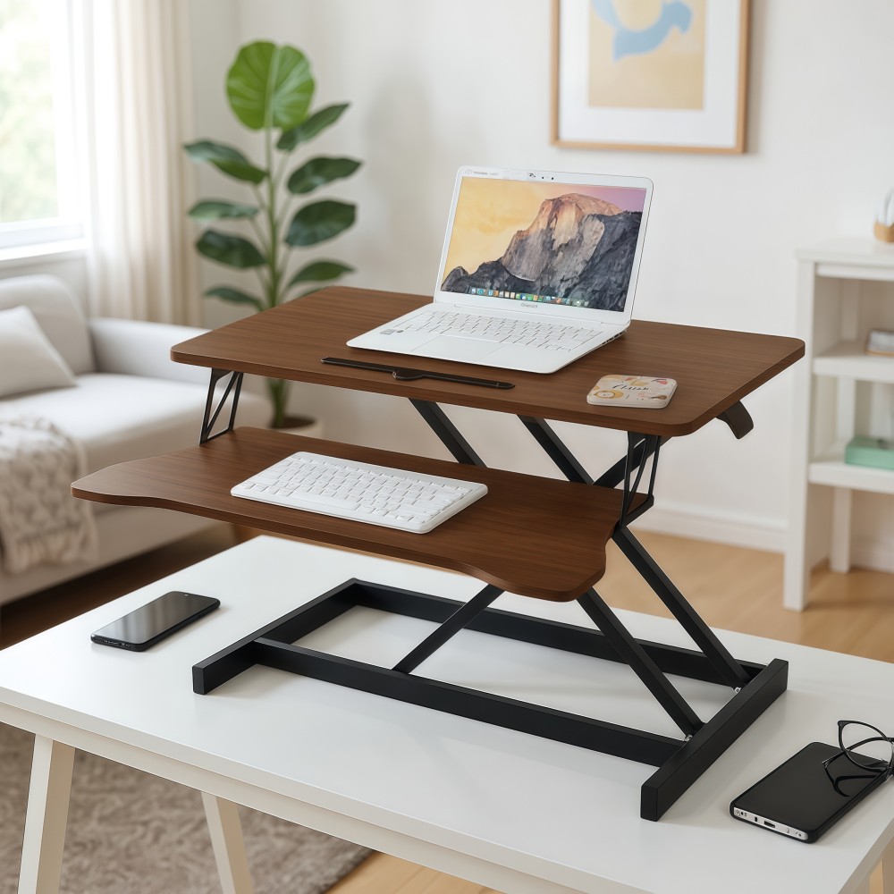 32 Inch Desk Converter, Height Adjustable Sit to Stand Riser Walnut Color