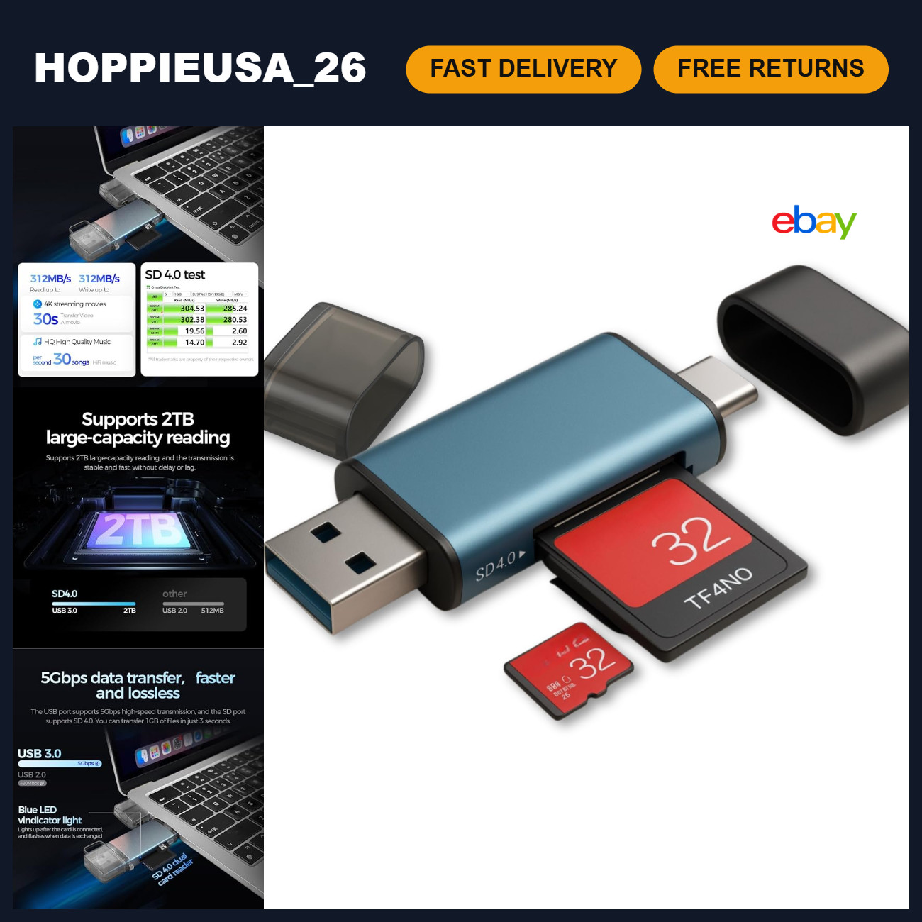 High-Speed SD Card Reader USB-A & USB-C, 312MB/s for iPhone, Android, PC & MacBo