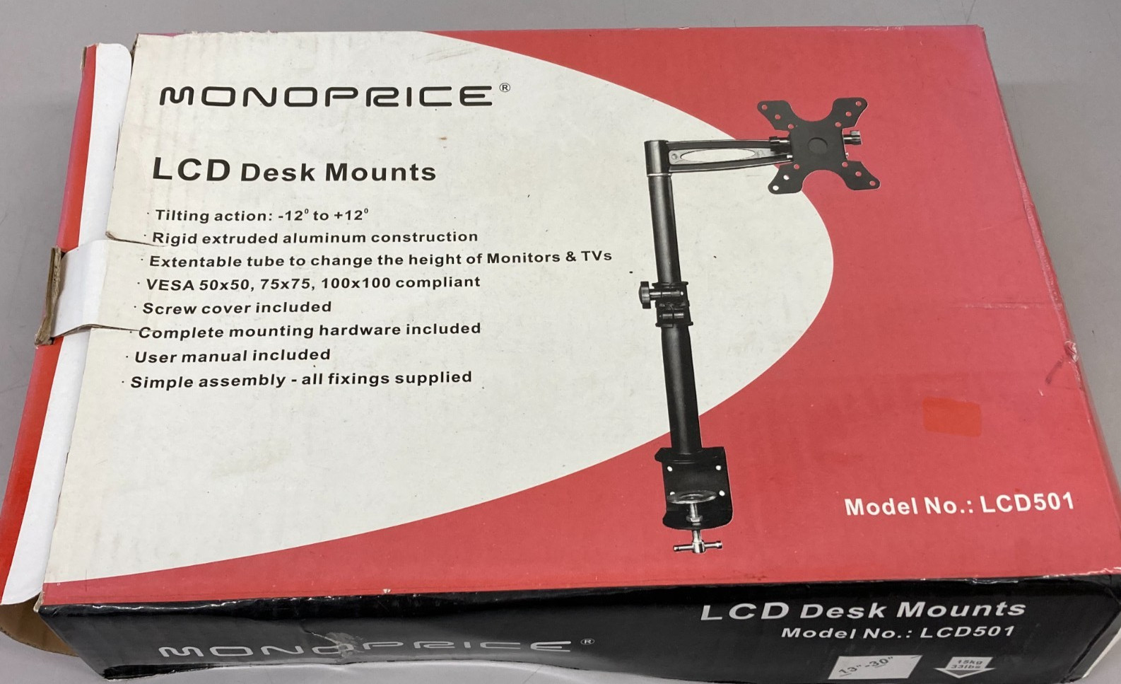 MONOPRICE  LCD501 Desk Mount Monitor Arm, Black - Box Open, Components Sealed