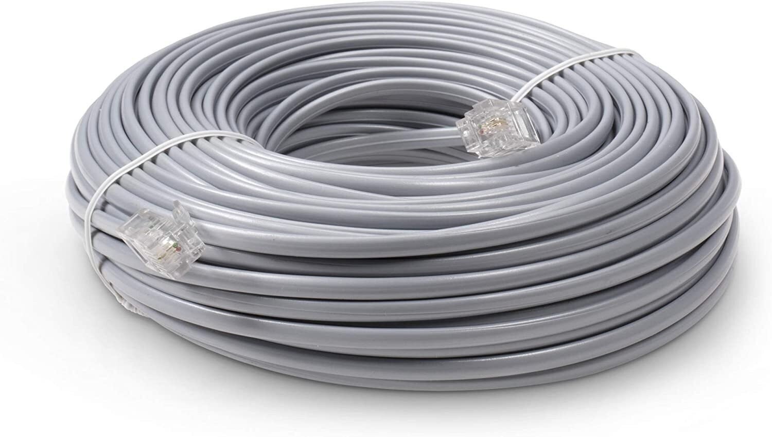 50 FT Feet Modular Phone Line Cord - High Quality 2 Conductor - Grey/Silver