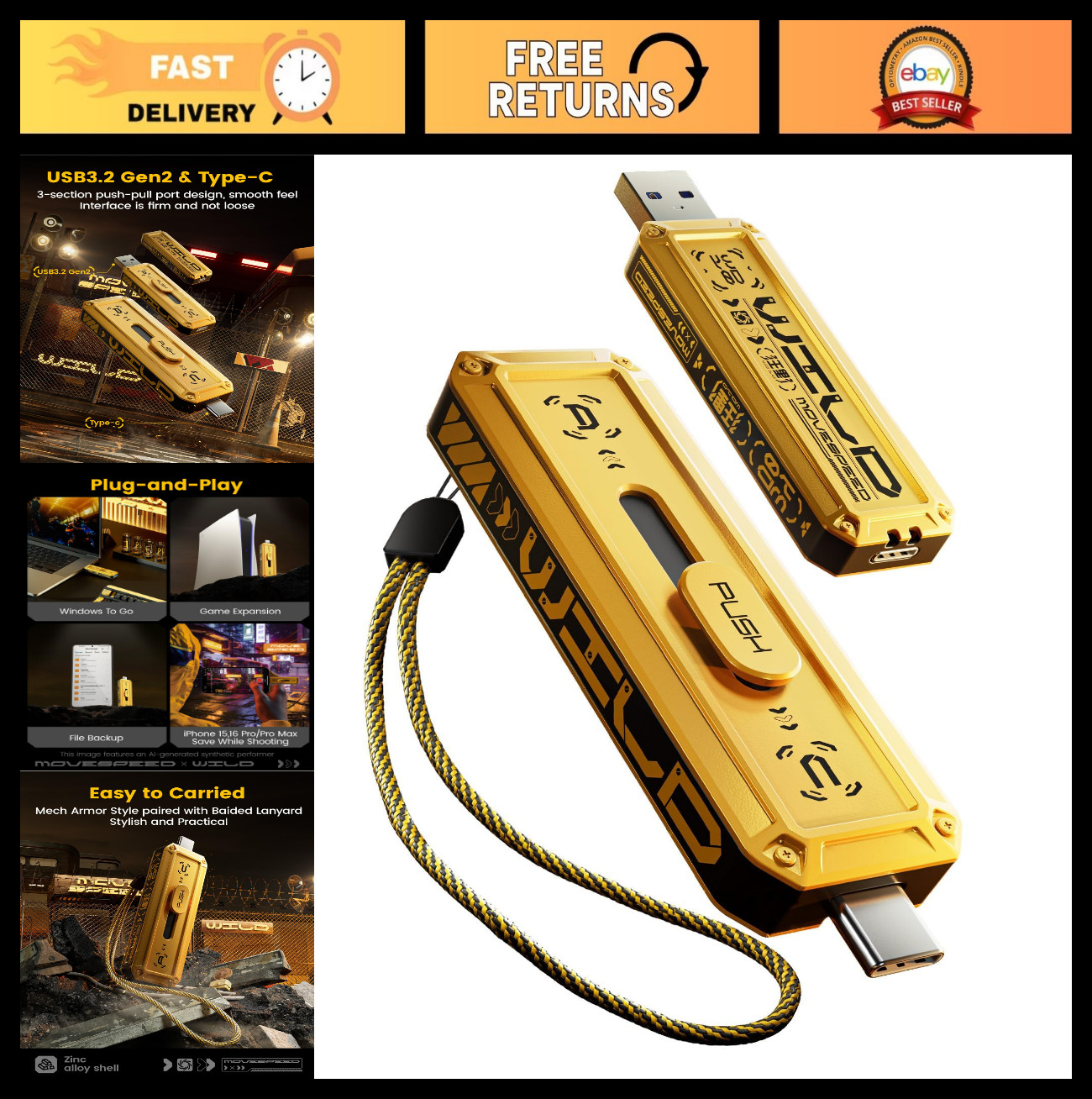 128GB USB 3.2 External SSD, 1000MB/s Read/Write Speed, Dual Port, Portable Thumb