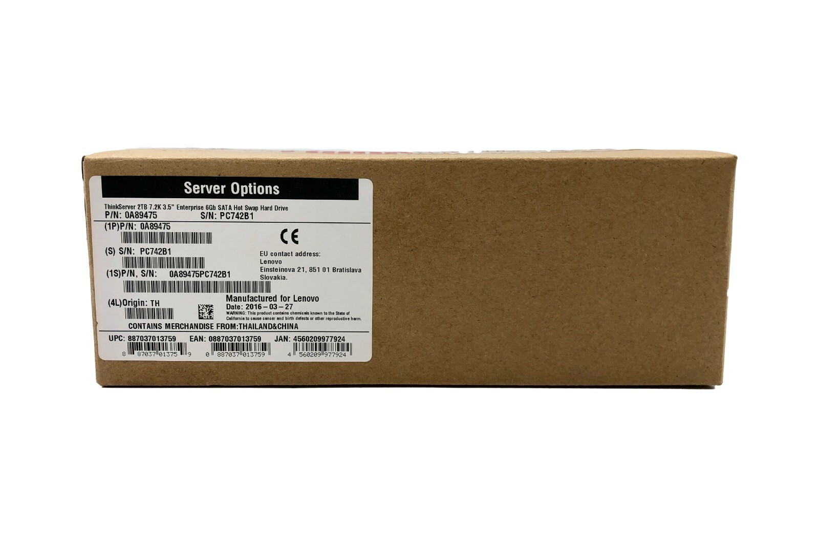 Lenovo 2TB ThinkServer 7.2K 3.5" SATA Hot Swap HDD, 0A89475 - SEALED NEW