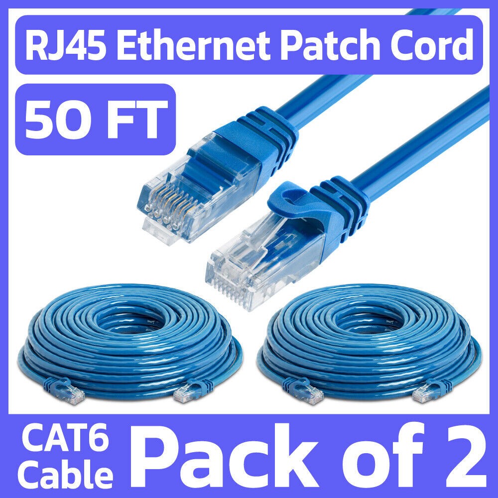 2 Pack 50 FT Cat6 Patch Cord Blue RJ45 LAN Network Cable Internet Ethernet Cord