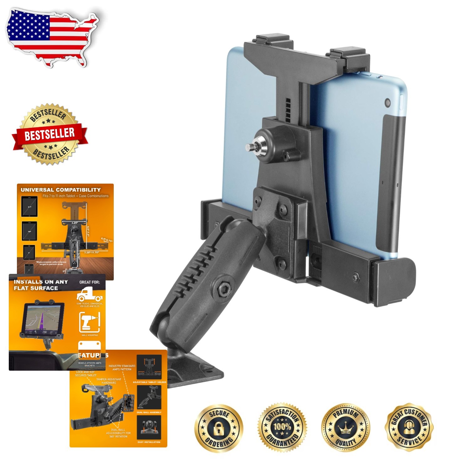 TabDock Heavy Duty Locking Tablet Mount 7-10" Universal AMPS Base
