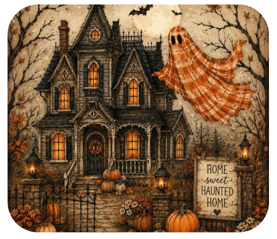 Halloween Mouse Pad Home Sweet Haunted Home Plaid Ghost Pumpkins Gothic 9x7