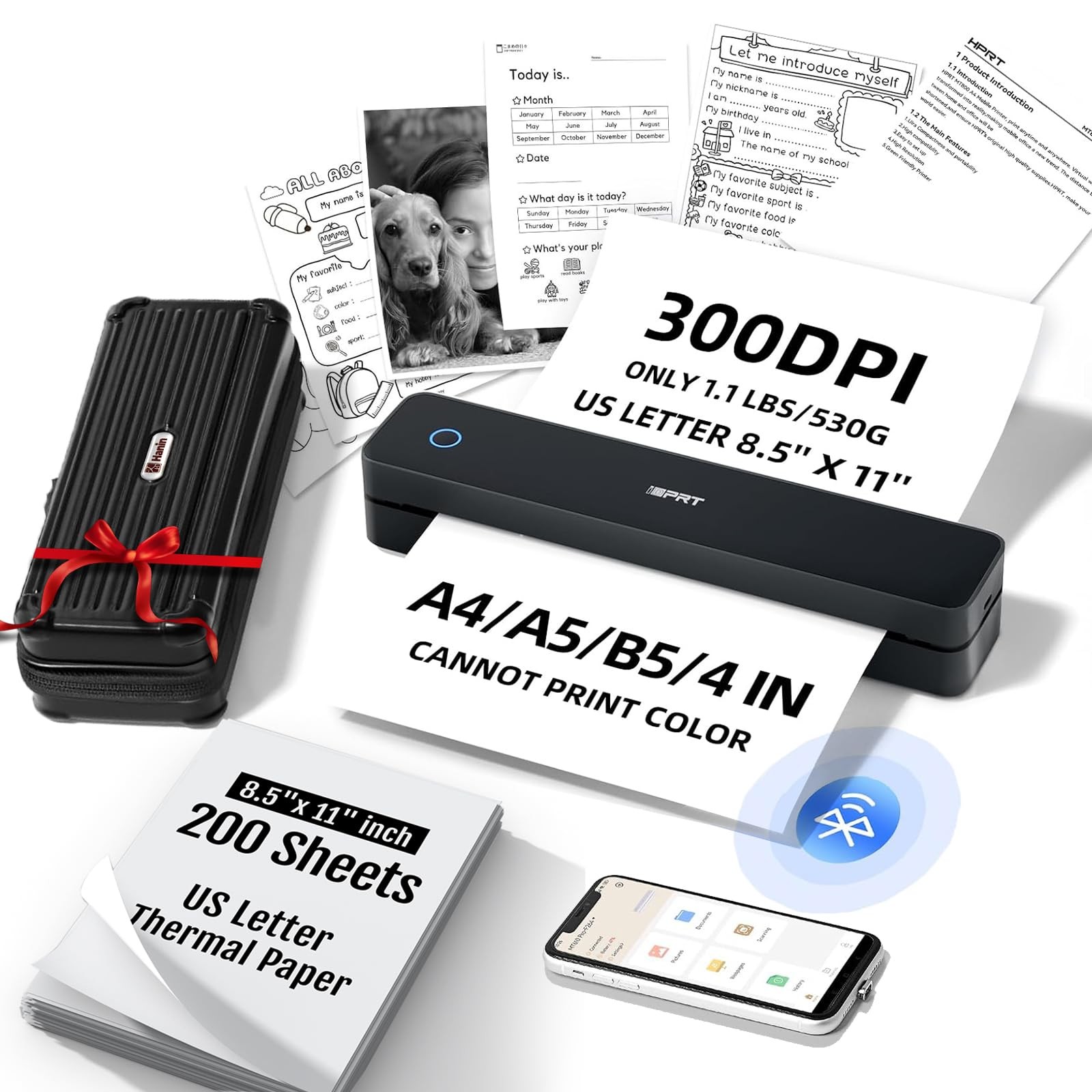 Portabl Thermal Printer for Travel with Case & 200 Sheets, Bluetooth & USB | ...