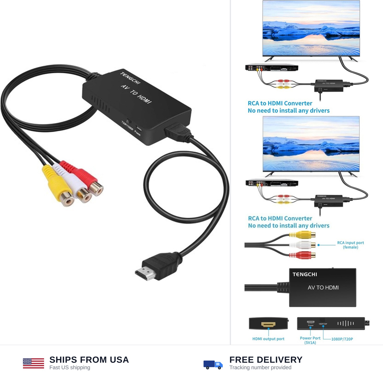 Tengchi RCA to HDMI Converter, AV to HDMI Adapter