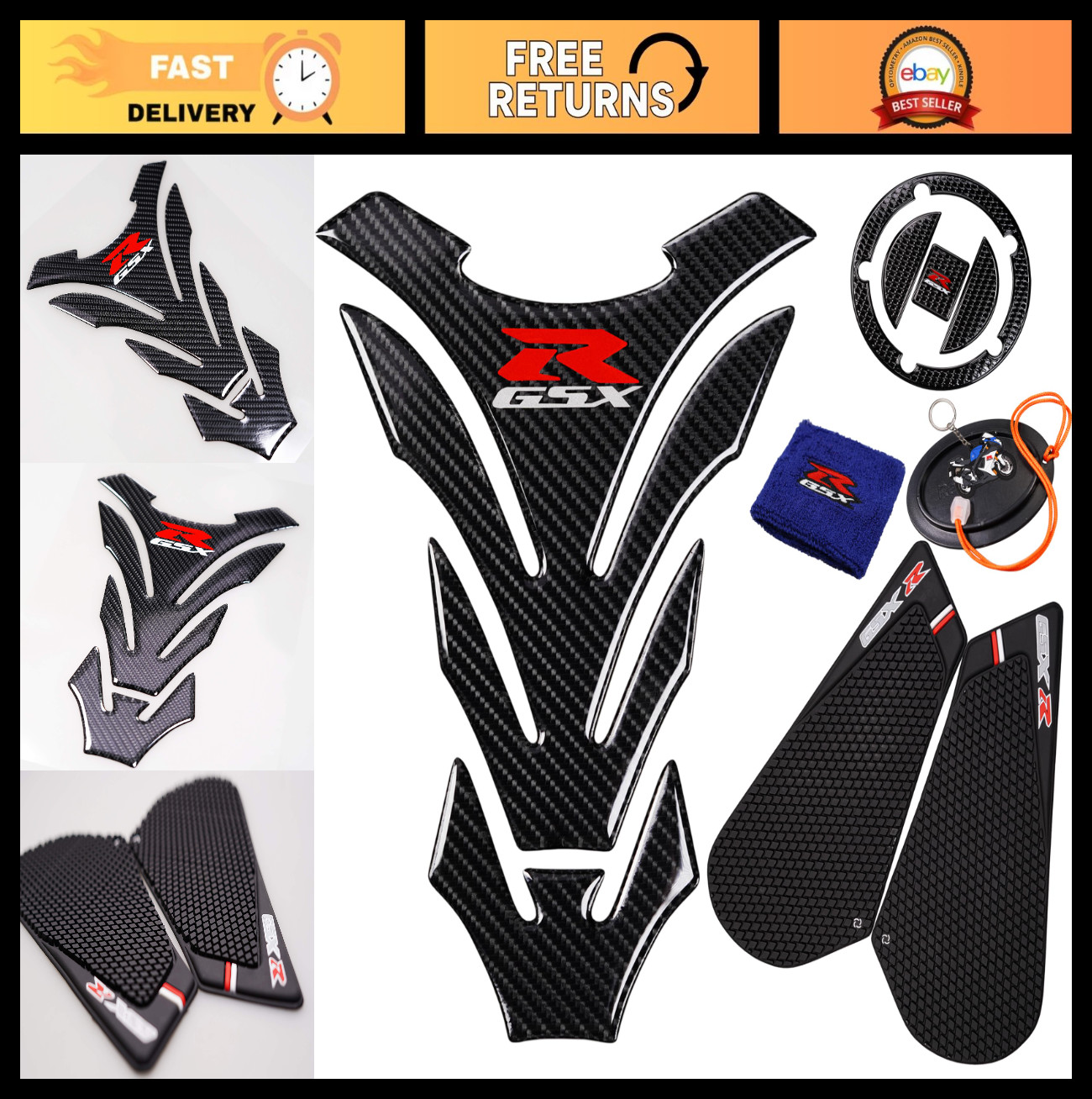 3D Black Rubber Tank Pad Protector, Anti-Slip Traction Sticker for GSXR 600/750