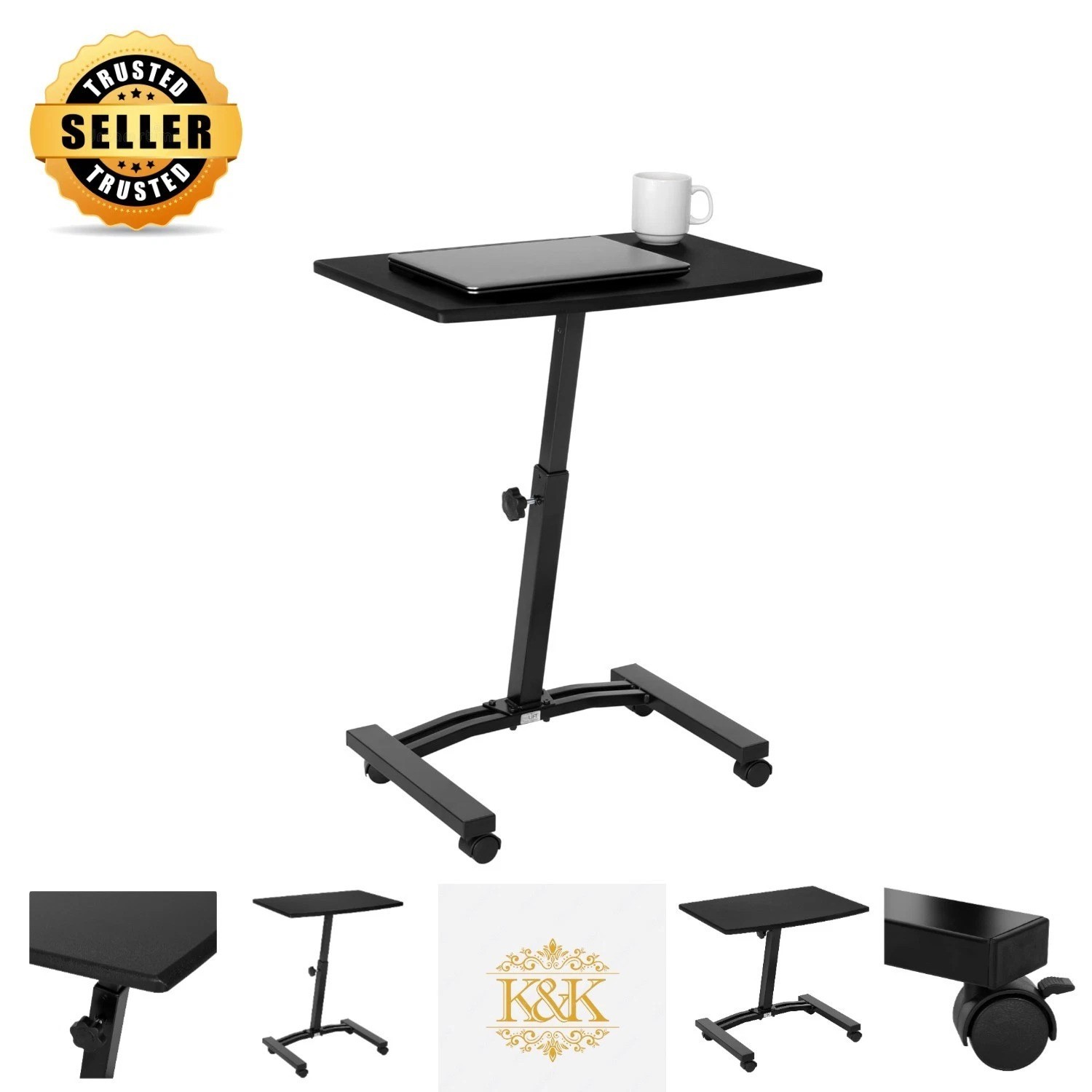 Sleek Mobile Computer Workstation with 4 Wheels - Adjustable Height 20.5" to 33"