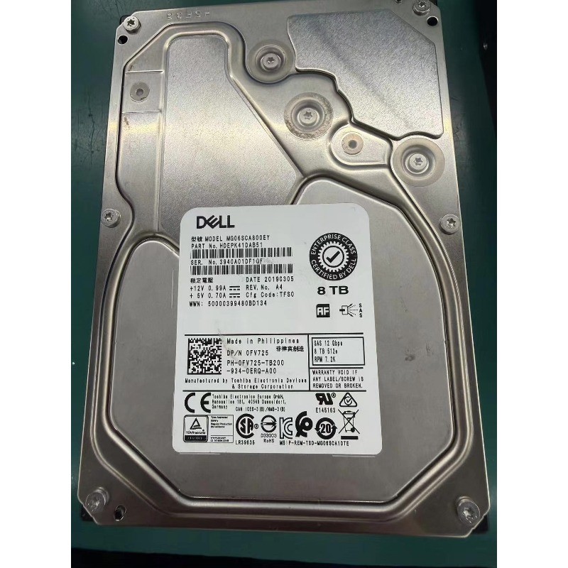 Dell Toshiba 8TB 7.2K SAS 3.5" Enterprise HDD MG06SCA800EY 0FV725 256MB Cache