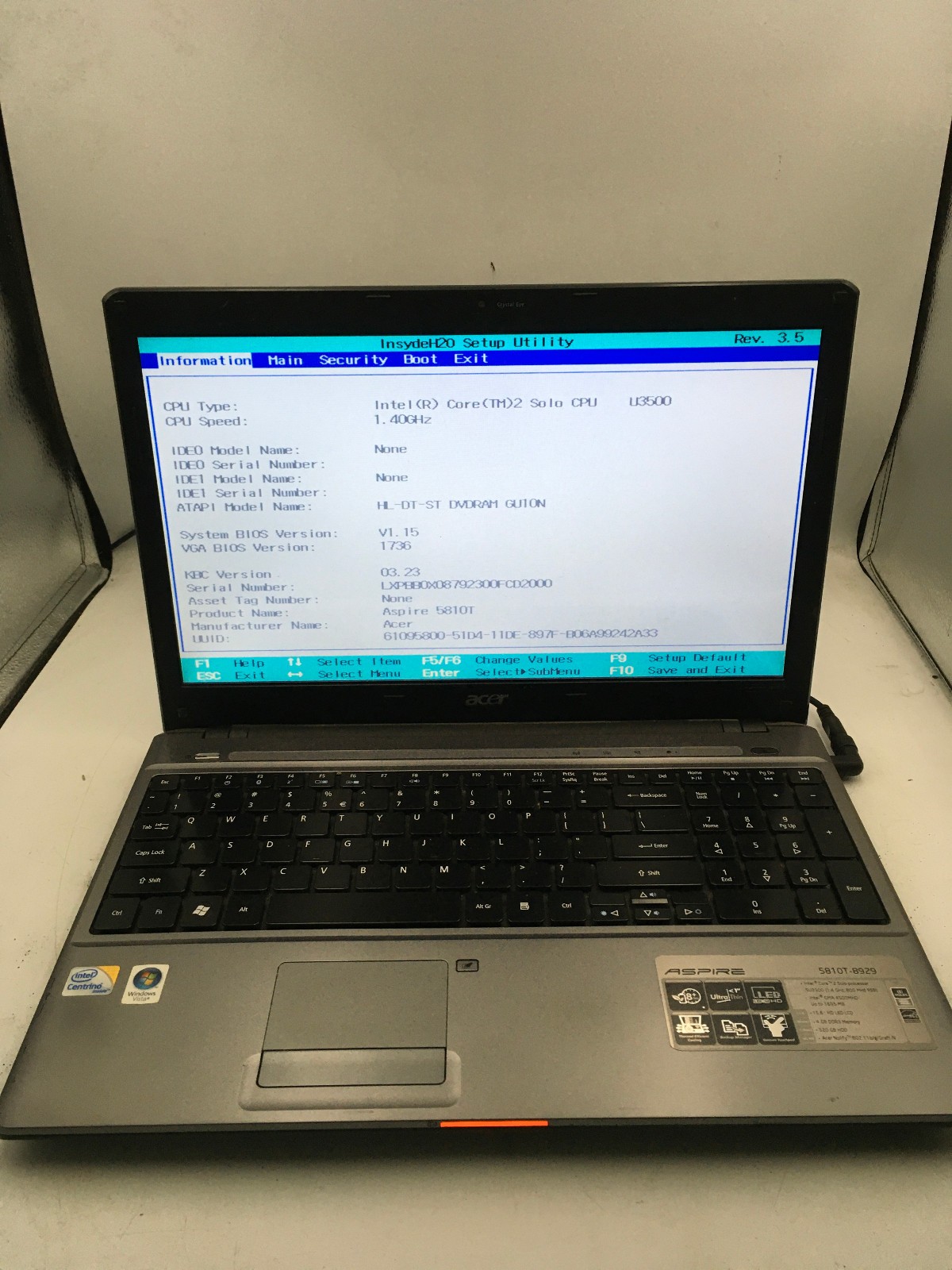 ACER ASPIRE 5810T - BOOTS TO BIOS - INTEL CORE 2 U3500 - 4GB RAM - 15" -READ- BB