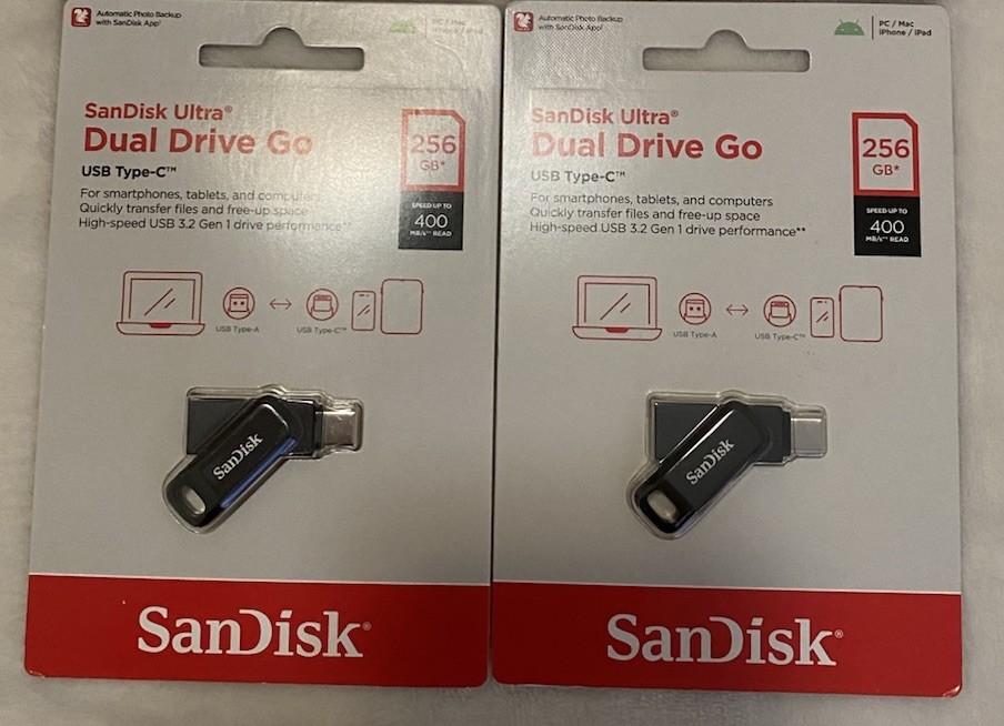 Two (2) BRAND NEW SanDisk Ultra Dual Drive Go USB Type-C 256GB Flash Drives