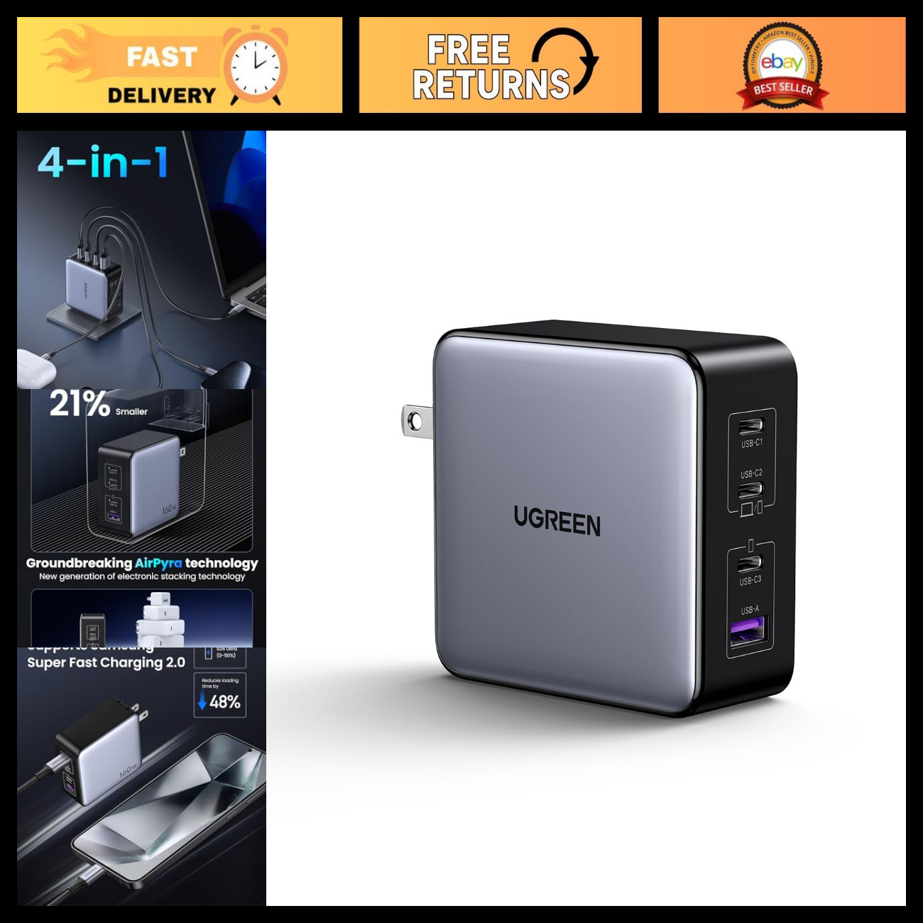 160W GaN USB C Laptop Charger, 4-Port PD 3.1 Fast Charging Adapter, Power Delive