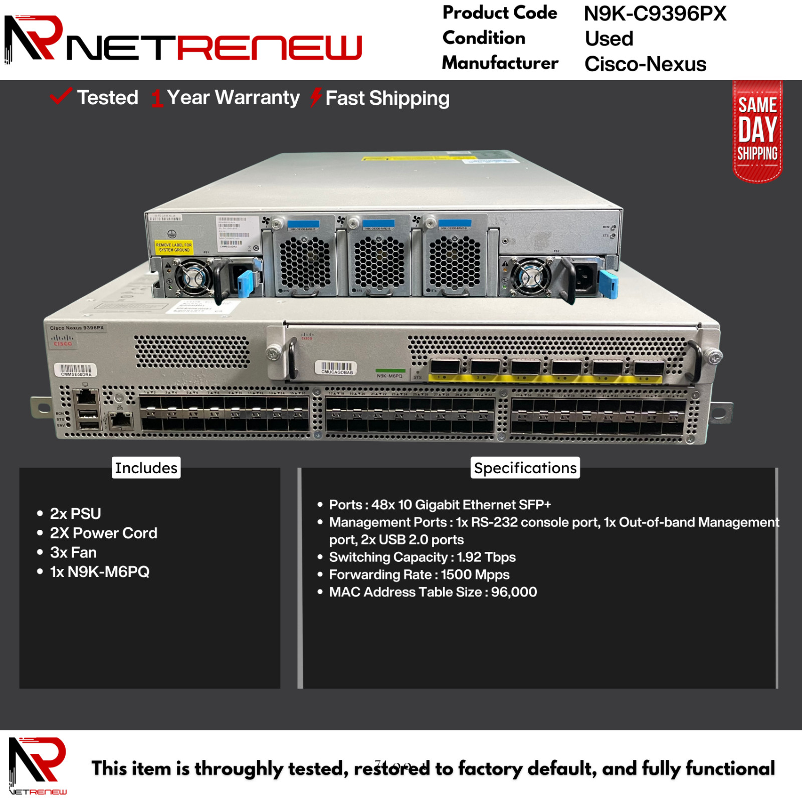 Cisco Nexus N9K-C9396PX 48-Port 10GbE SFP+ Switch - w/N9K-M6PQ