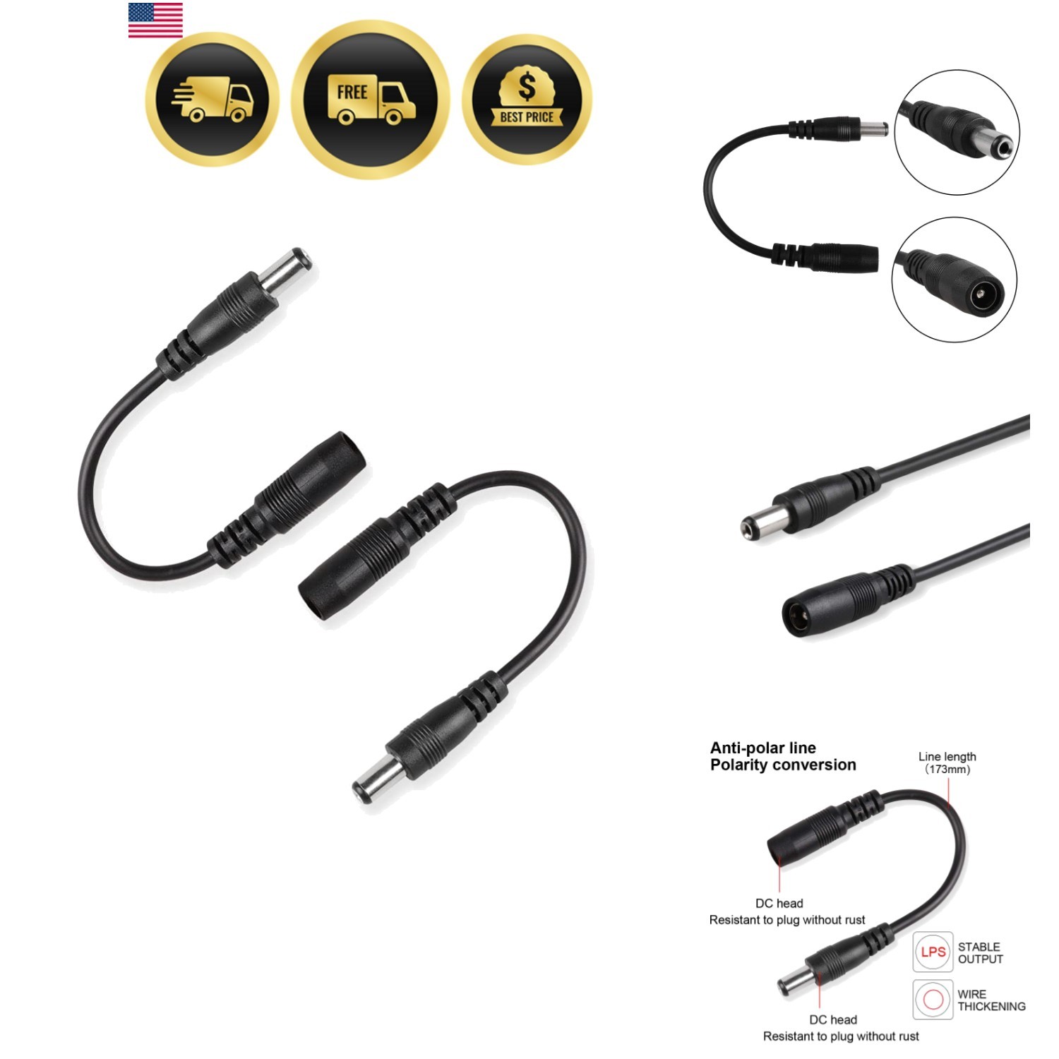 Reverse Polarity Converter Cable 5.5x2.1mm for Guitar Keyboard Effect Pedal 2pcs