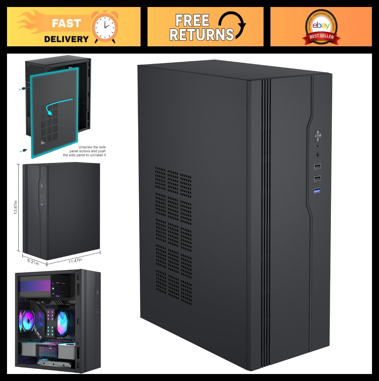 Compact Micro ATX Mini PC Case - Supports MATX/ITX, USB 3.0, 3.5'' HDD & 2.5'' S