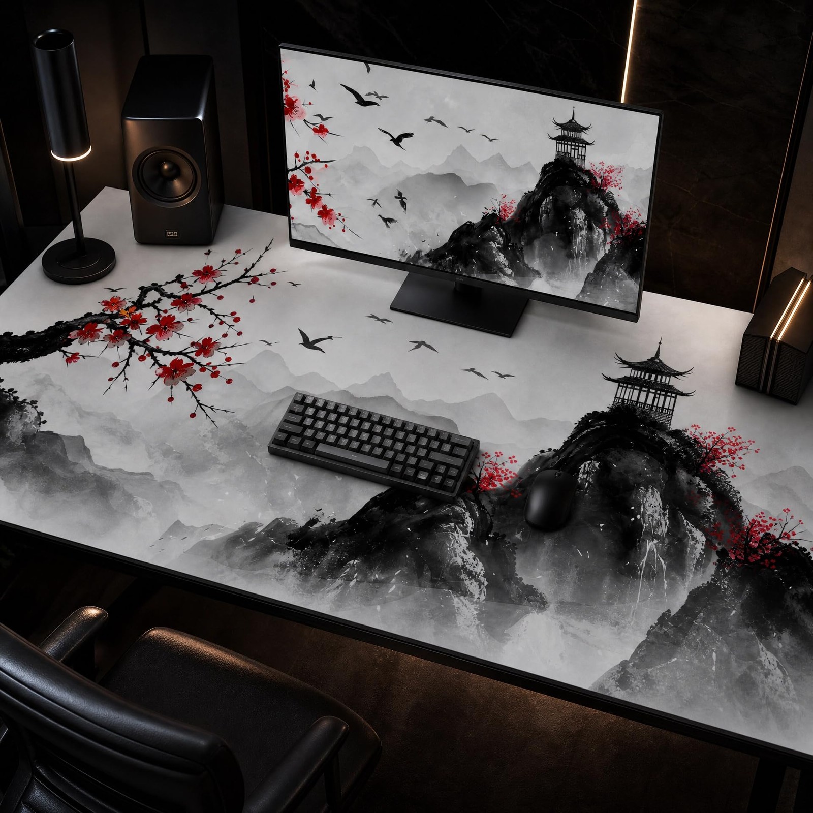 48x24 Inch 3XL Extended Desk Mat Japanese Ink Wash Cherry Blossom Mouse Pad