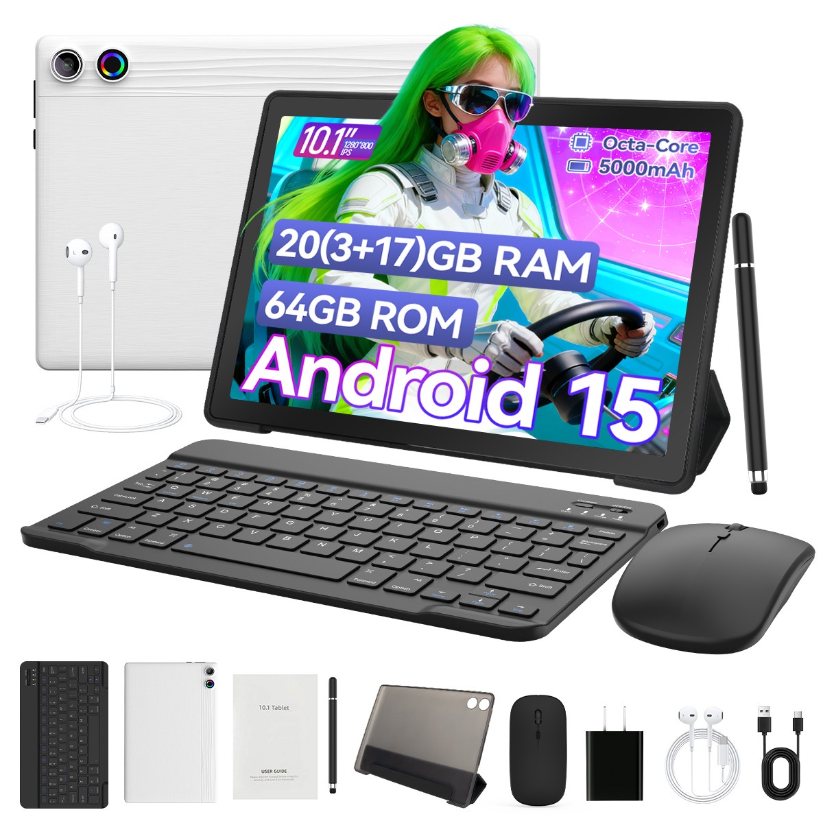 Tablet 10.1 inch Android 15 Octa-Core 20GB+64GB with Keyboard+Mouse+Stylus
