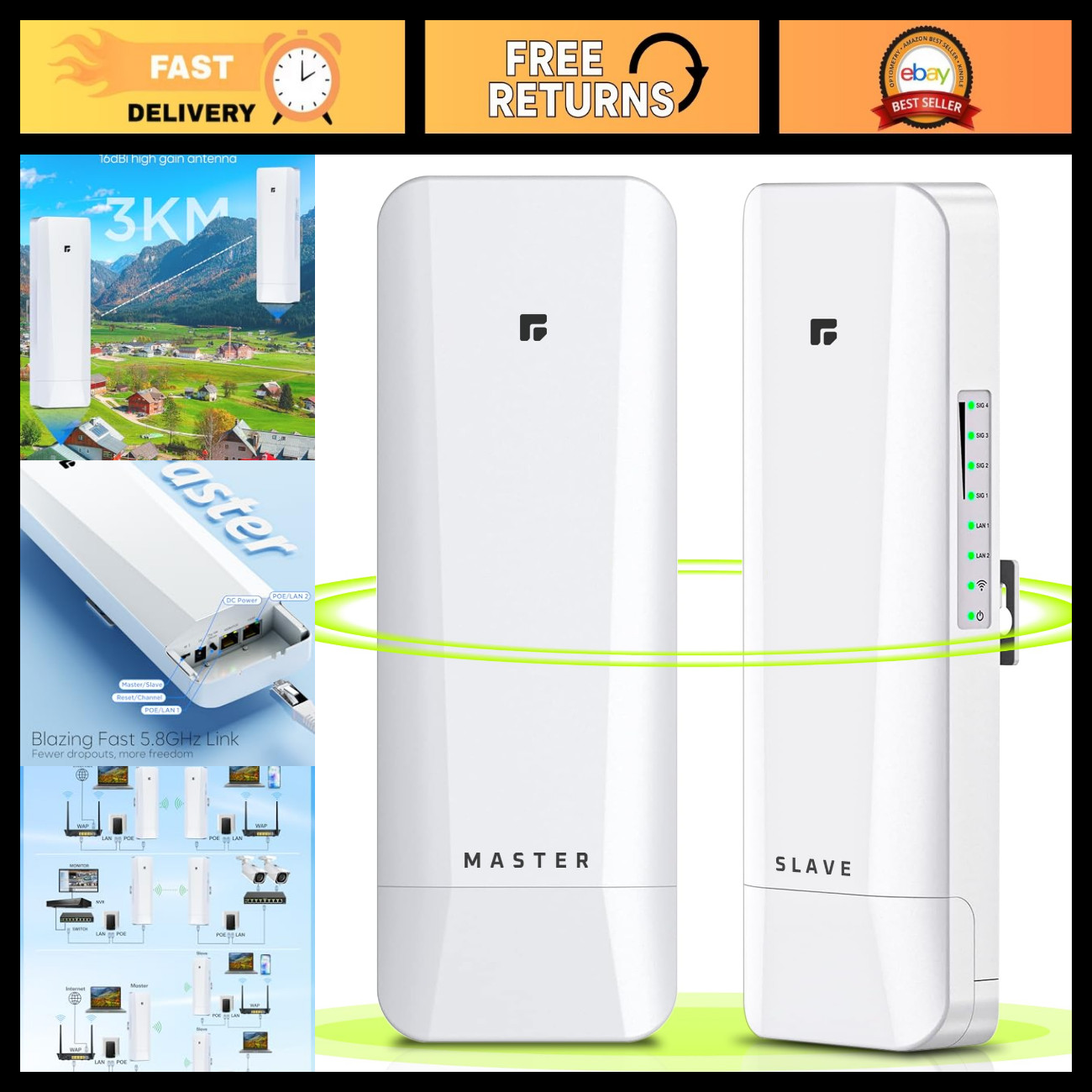 Wireless Bridge 5.8GHz Outdoor Point to Point/Multipoint, 3KM Range, 2-Pack for