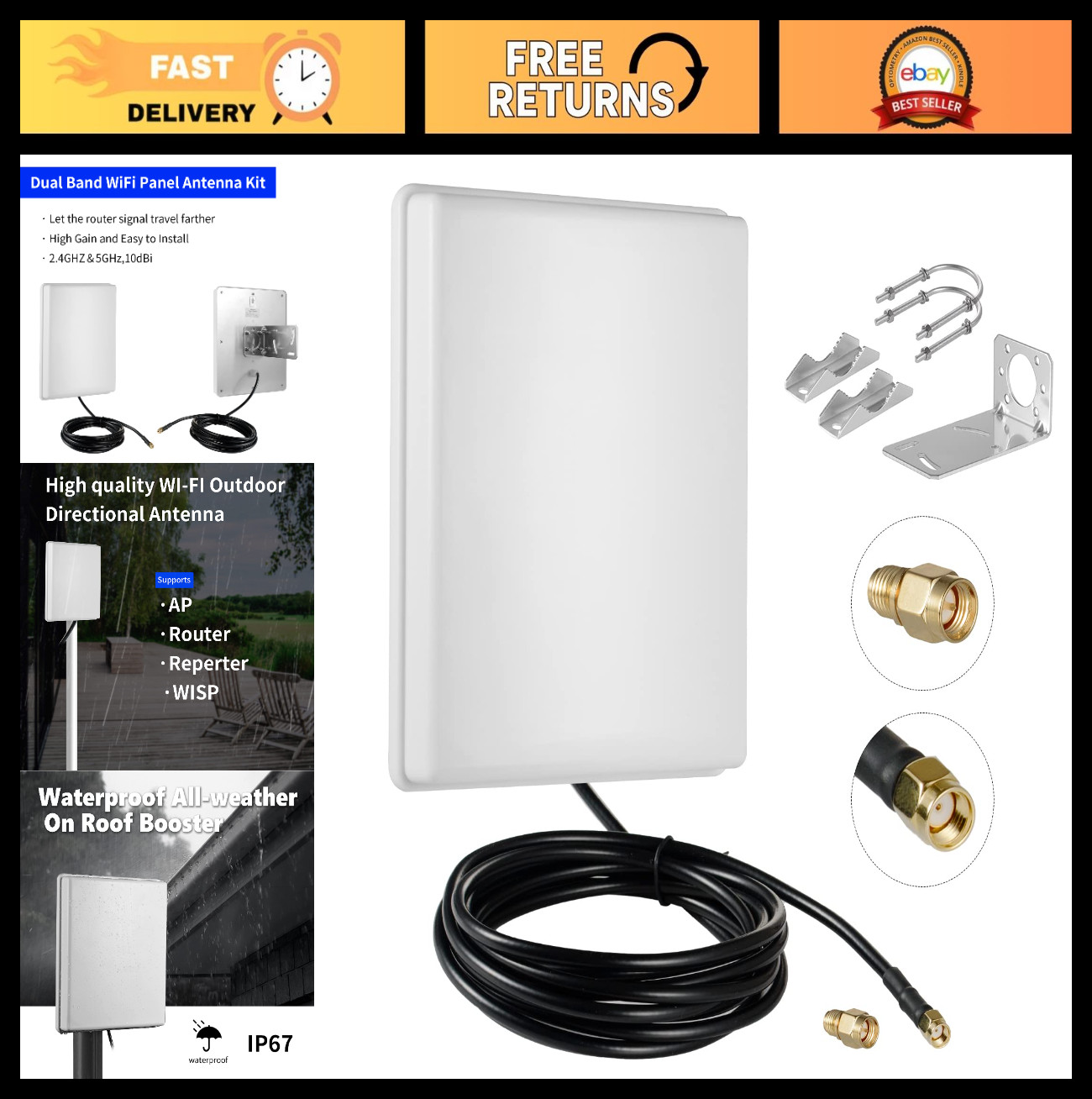 Long-Range 15dBi Dual Band WiFi Antenna 2.4GHz 5GHz with 10Ft Cable for Router &