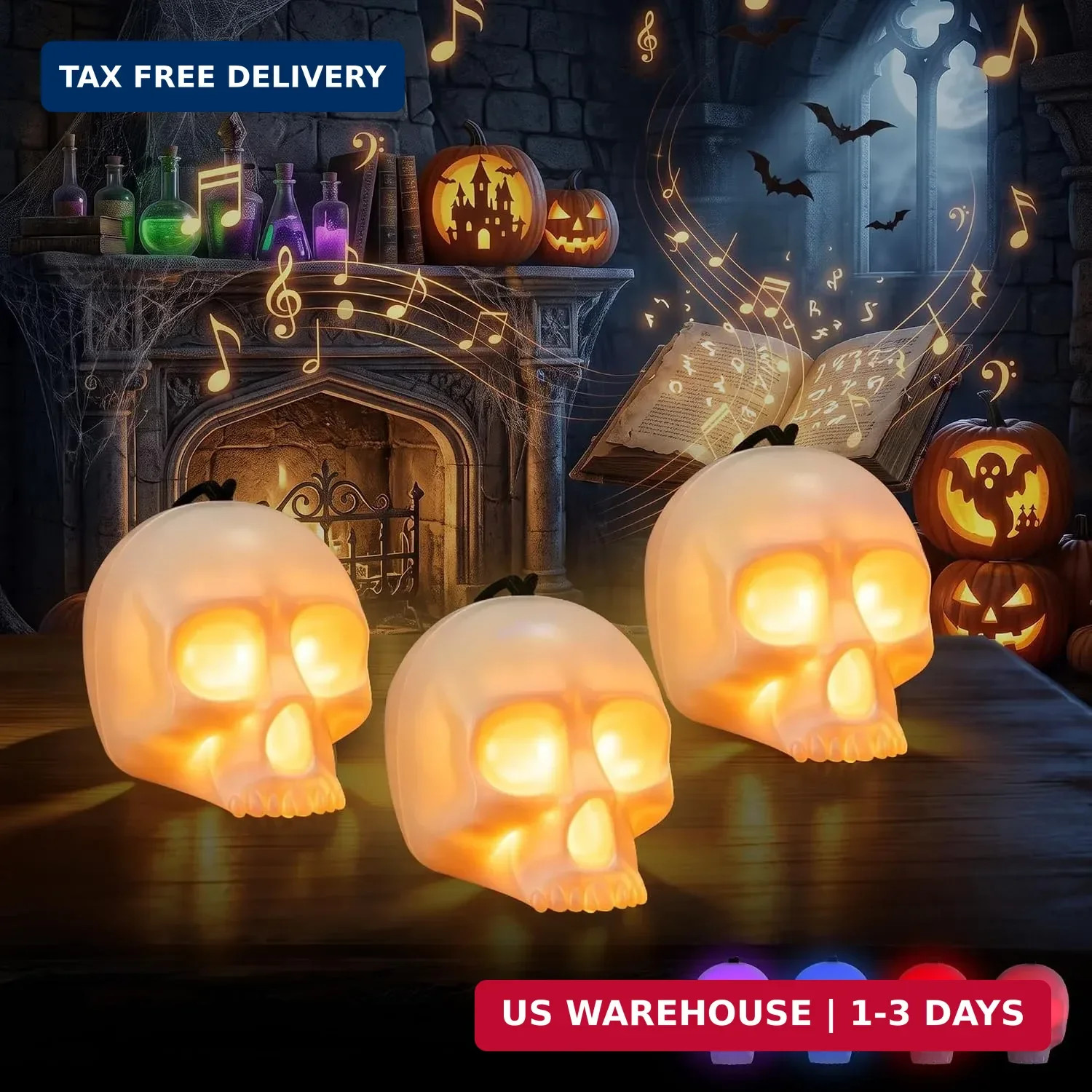 EverBrite 3-Pack Halloween Skull Light with Music, 5-Mode Skull Lamp